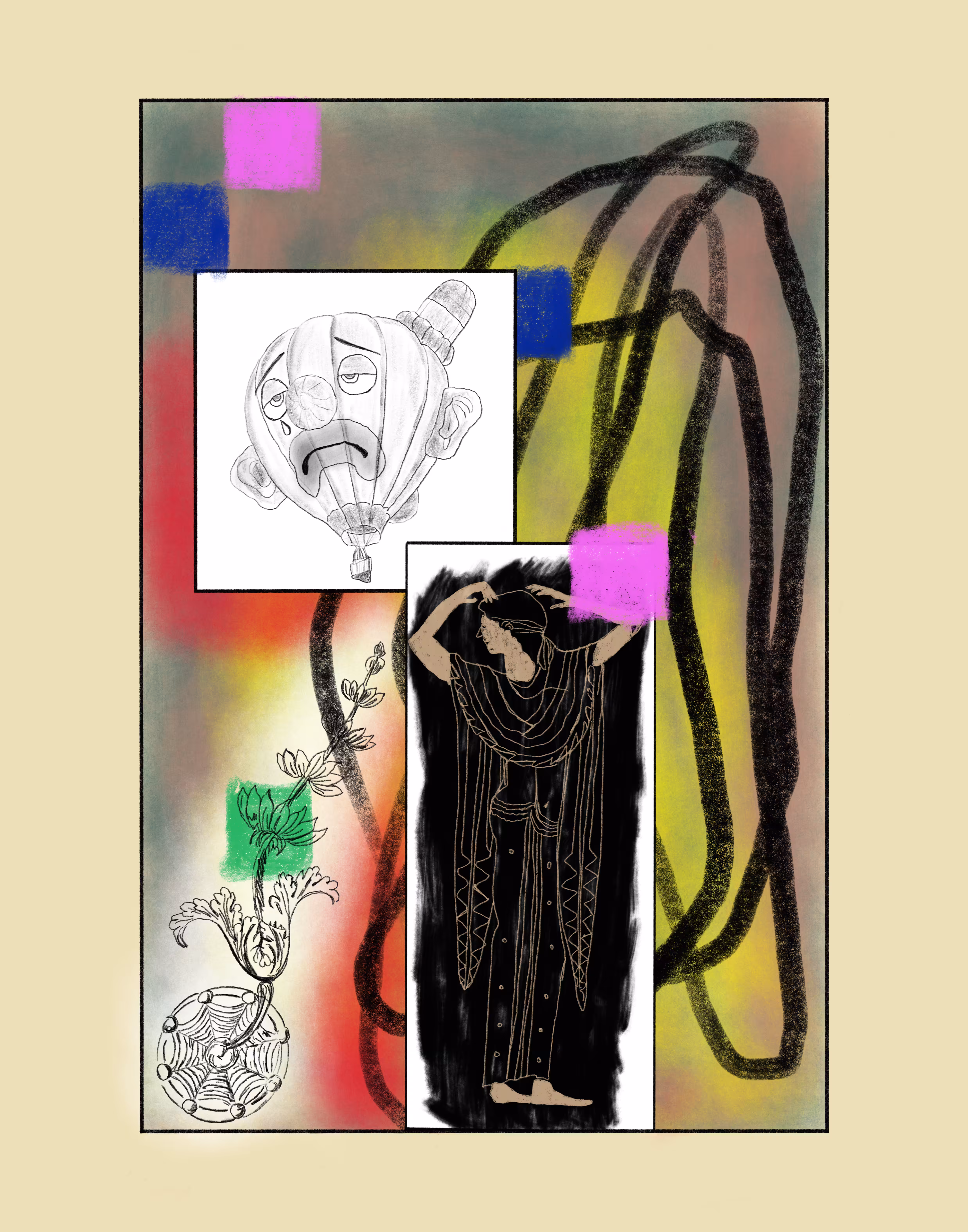 Sad Clown Attic Black Figure Terracotta Prothesis Flower Power