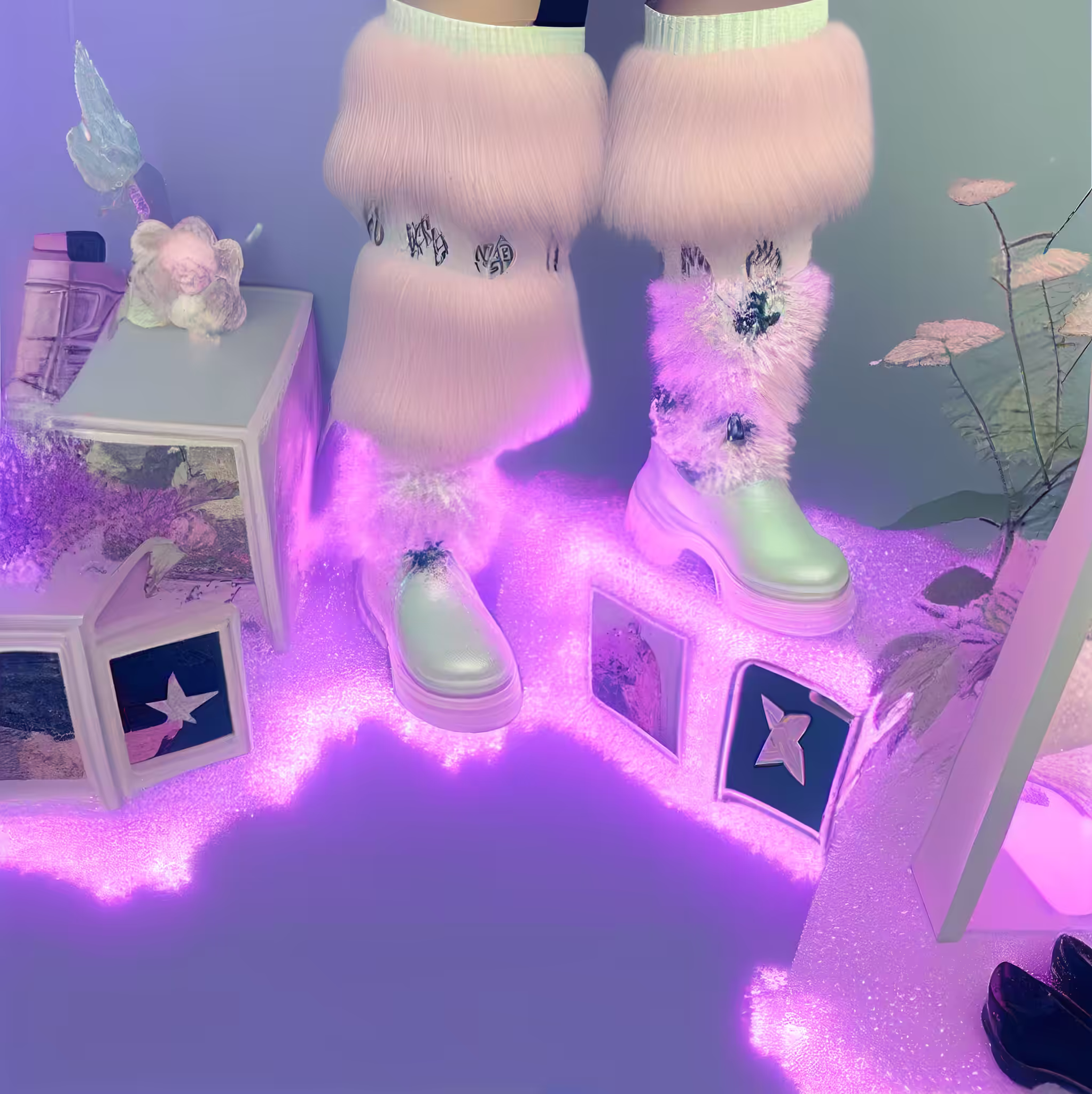 pink led furry fantasy boots
