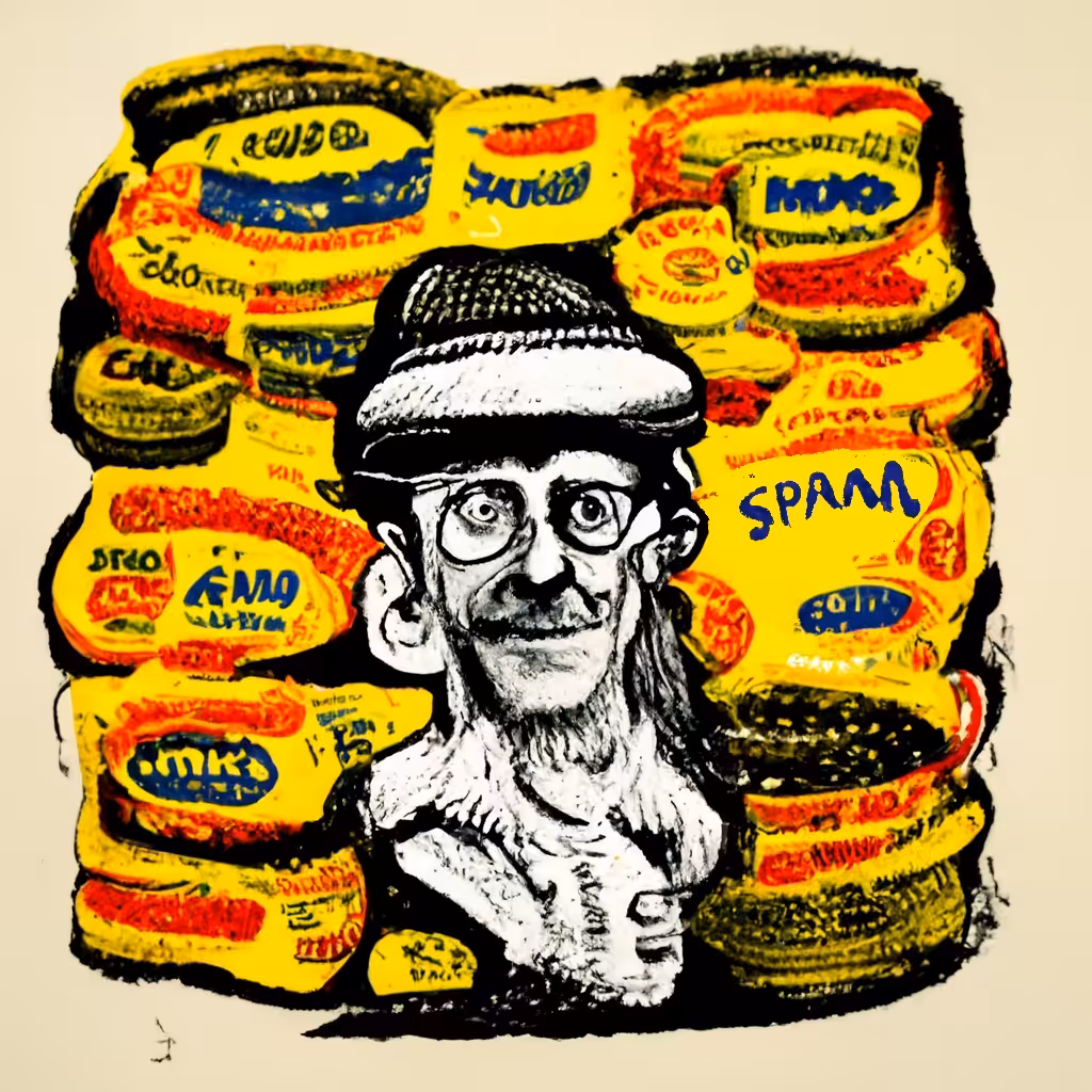 PORTRAIT OF A SPAM ARTIST SURROUNDED BY HIS CREATIONS