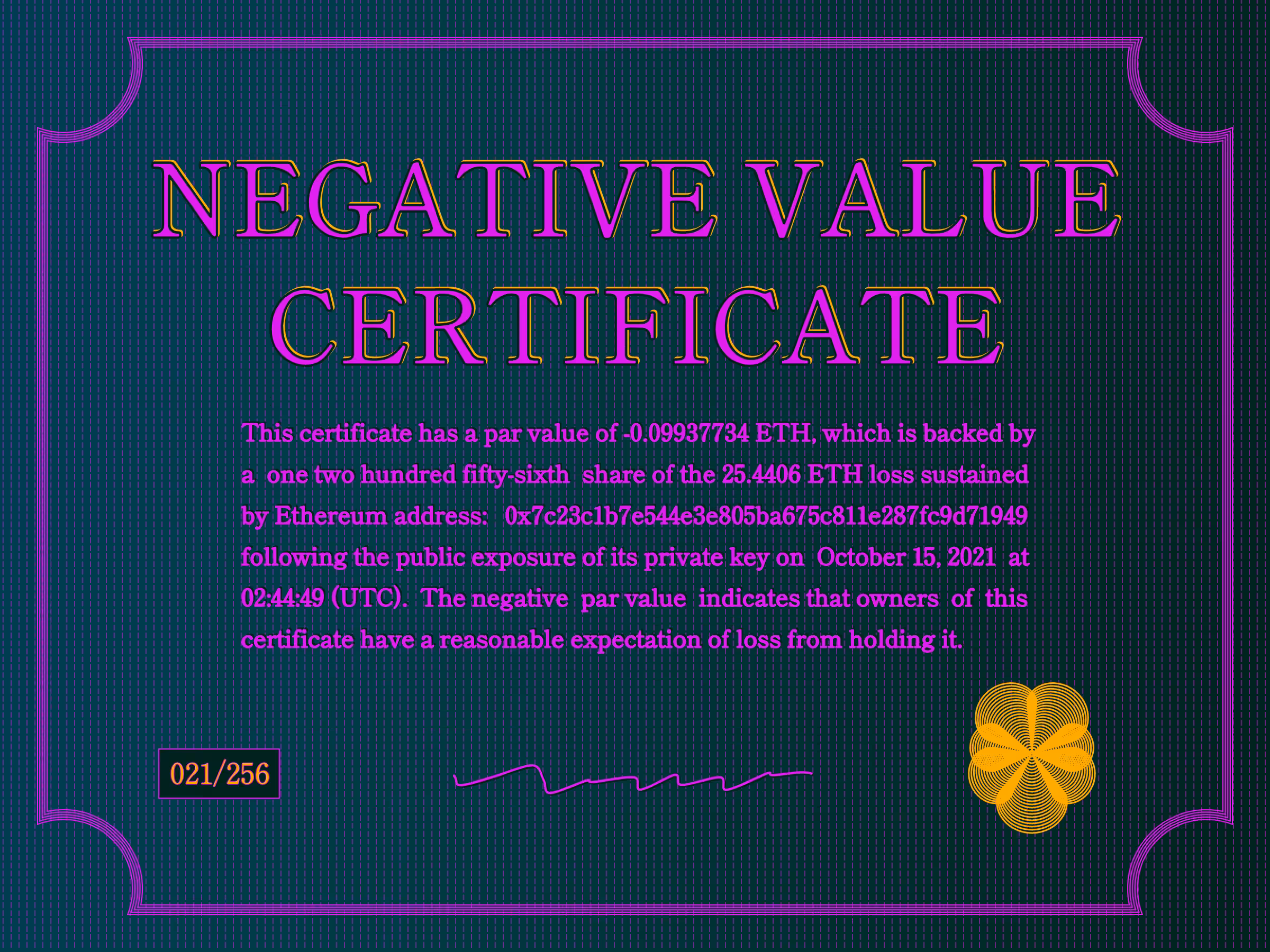 Negative Value Certificate #21 of 256
