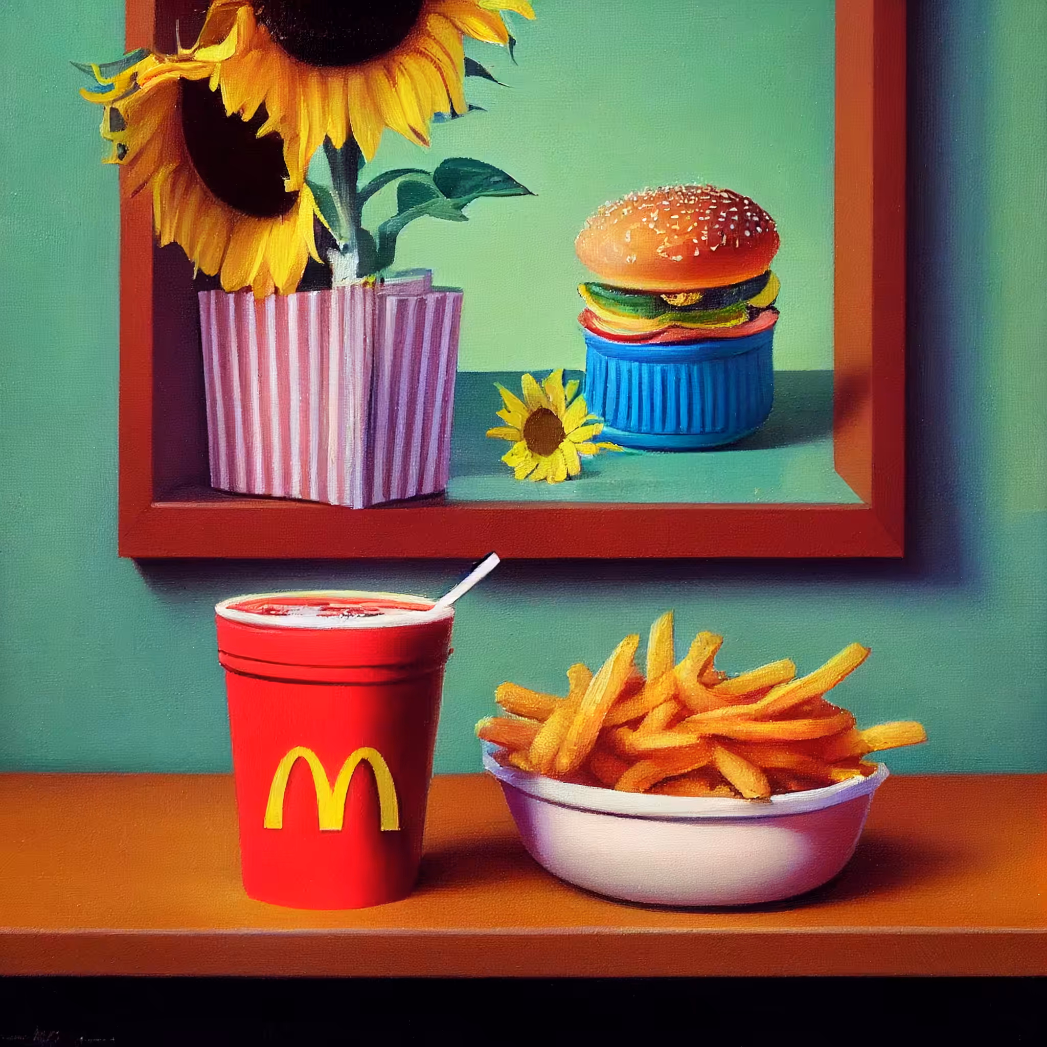 Study of red Mcdonalds cup and bowl of french fries on a wooden shelf.