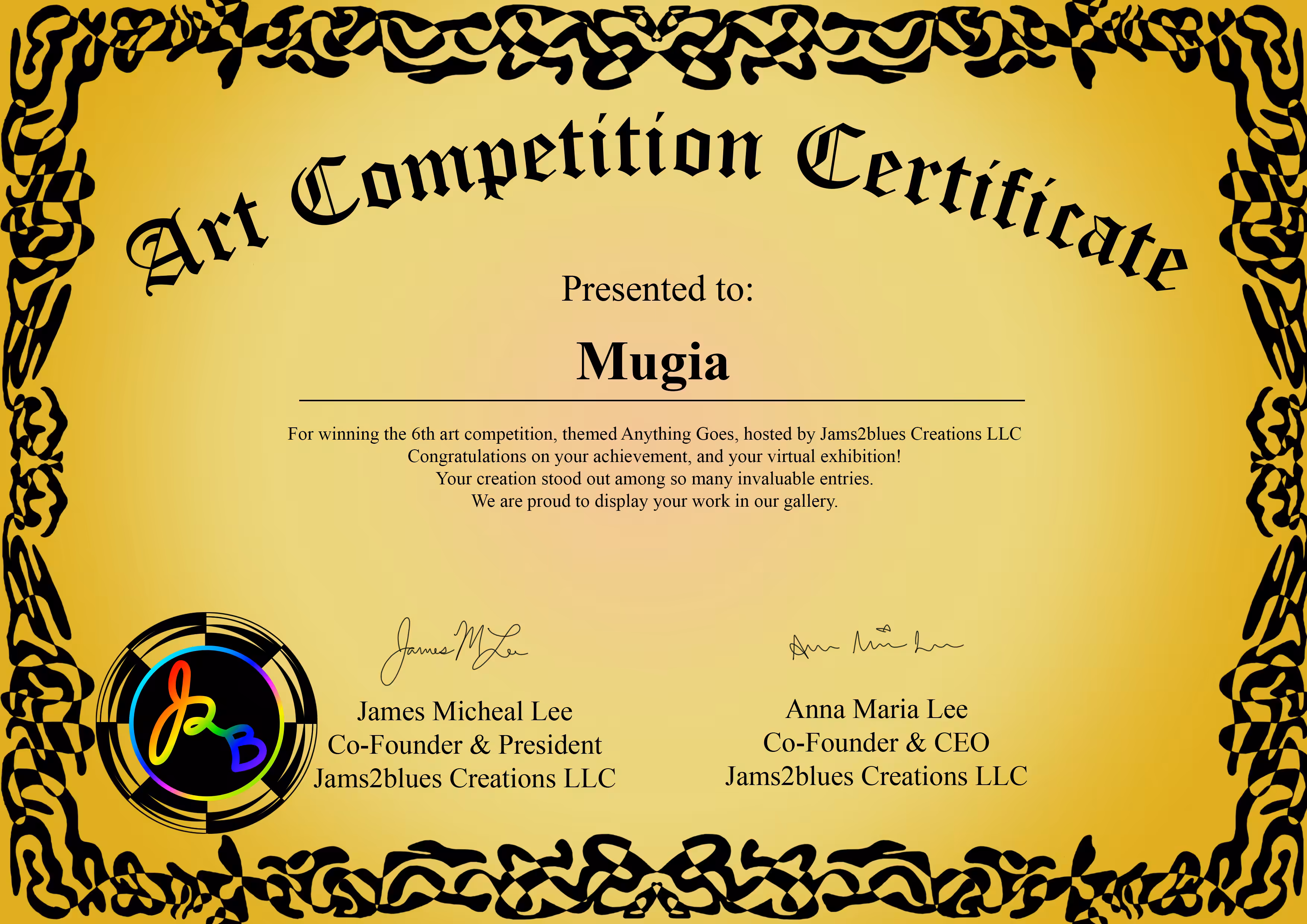 Mugia Winning Certificate of #J2BArtCompetition