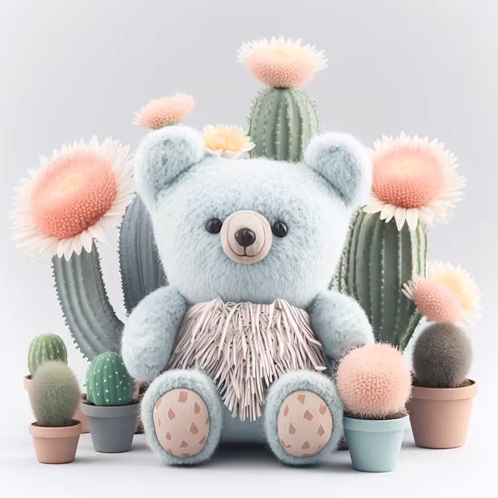 Cute teddy bear with cute cacti