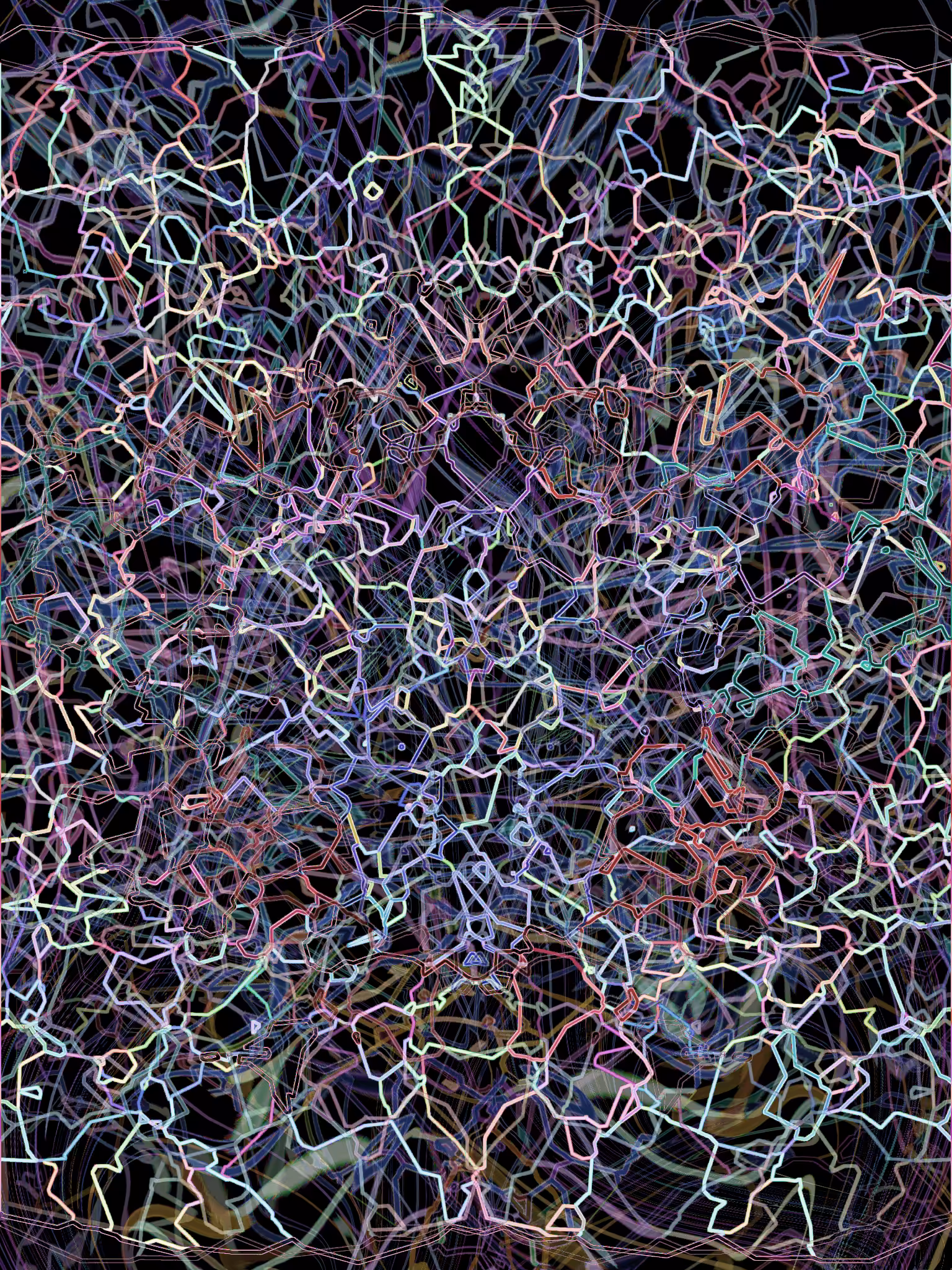 neon circuits through the fog, in front of spider webs