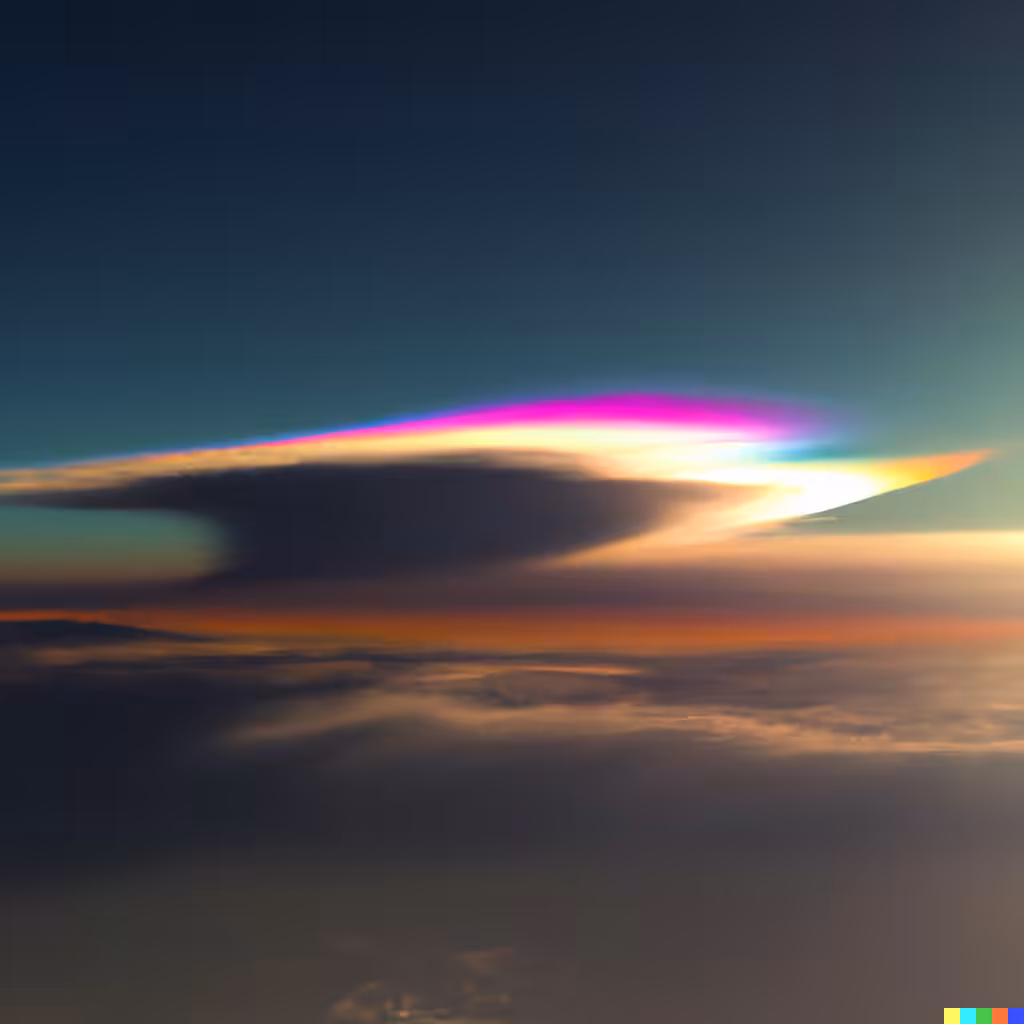 ☁️ 37 - a iridescent lenticular cloud  taken from a commercial airliner cruising at about 10 km altitude at colorful sunset