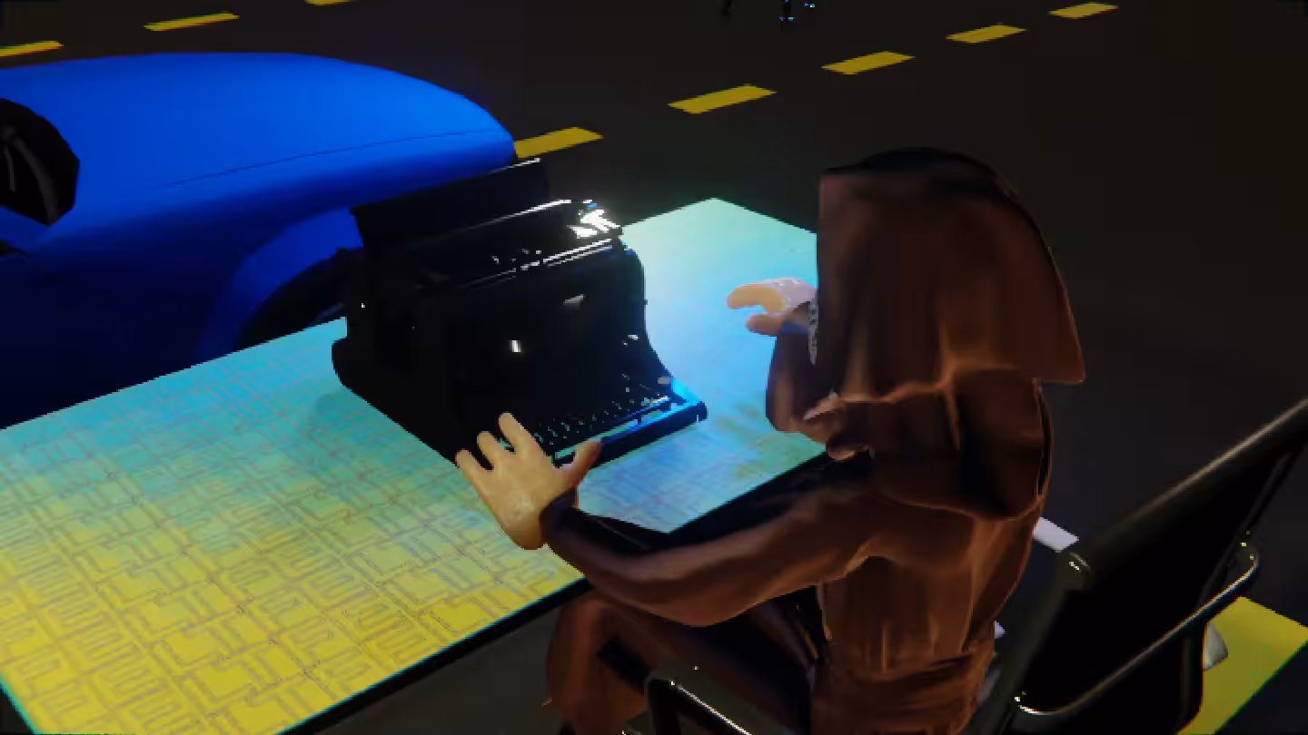 Desktop #309: The Guru in the Black Slim Chair With a Drone and a Typewriter on a Green FELT Zine Table in The Streets