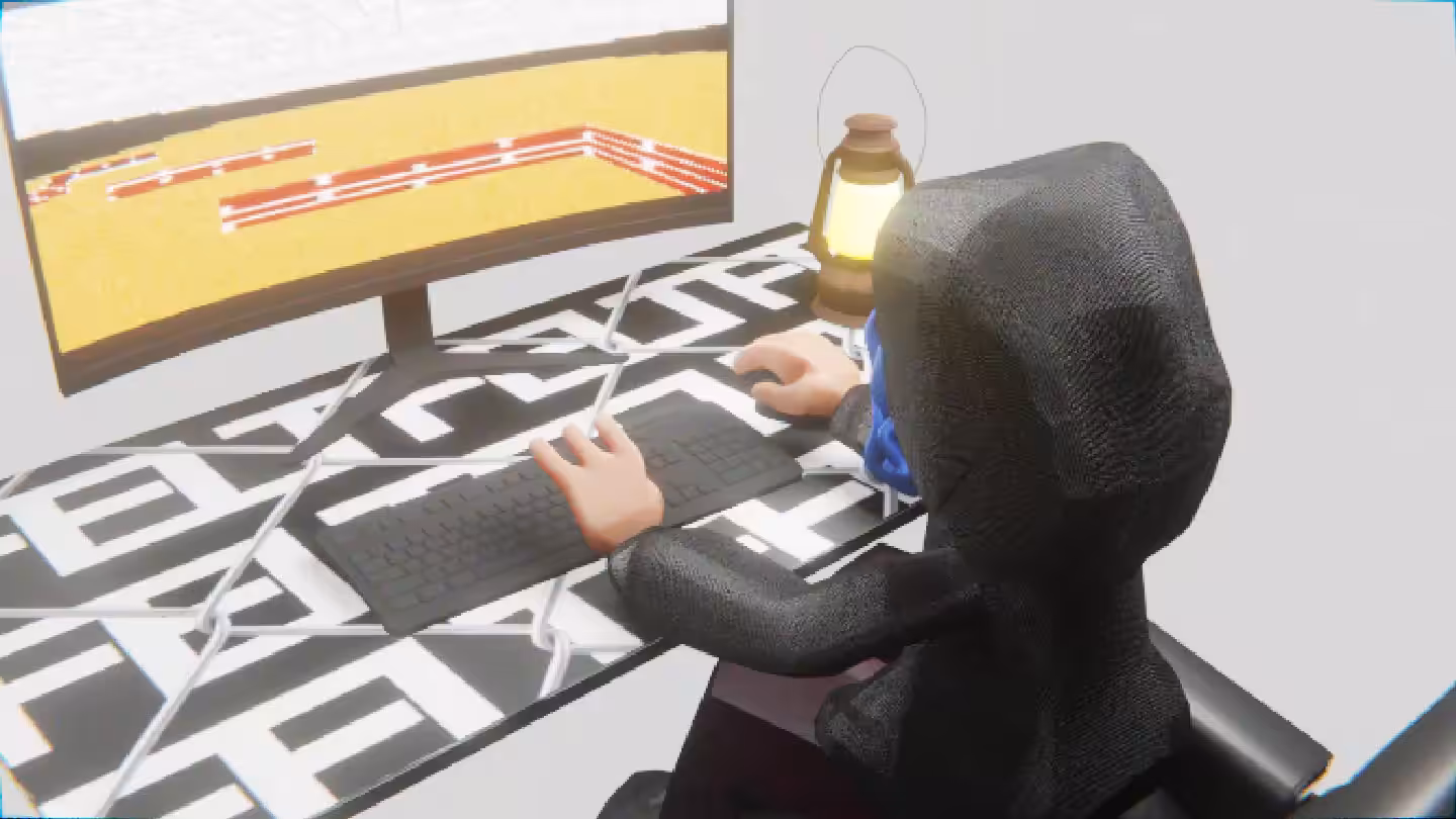 Desktop #105: The Hacker in the Eames Chair With a Gas Lamp and a Maze Monitor on a Barbed Wire Table in The Void