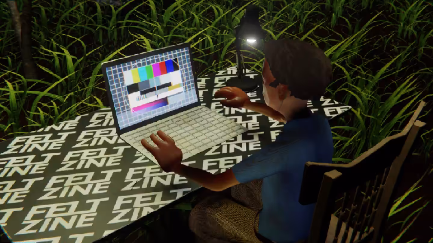 Desktop #103: The Developer in the French Wood Chair With a Desk Lamp and a Please Stand By Monitor on a Felt Zine Table in The Forest