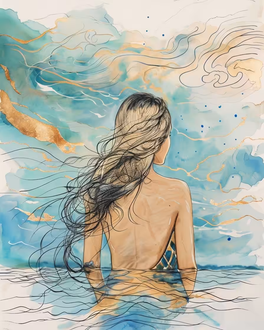 Woman With Flowing Hair Gazing Over Serene Waters