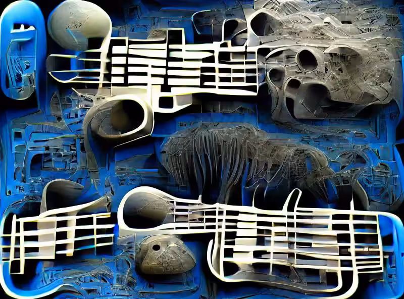 Abraham's First Works: music instruments, bass and keyboards, in the style of Zdzisław Beksinski, blue black and white