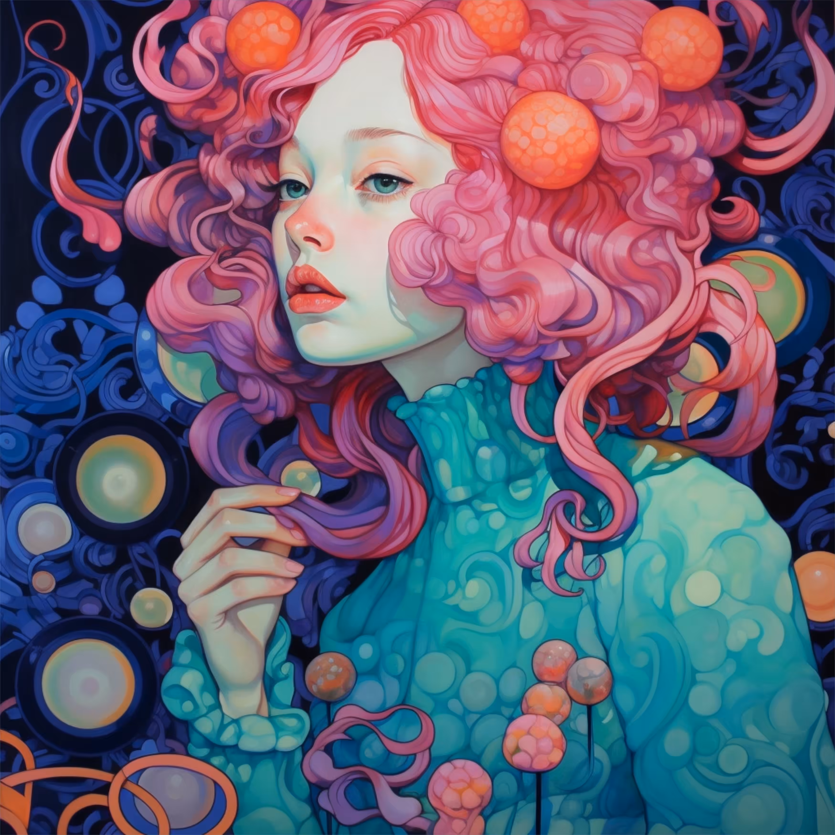 Pink hair. Blue dress