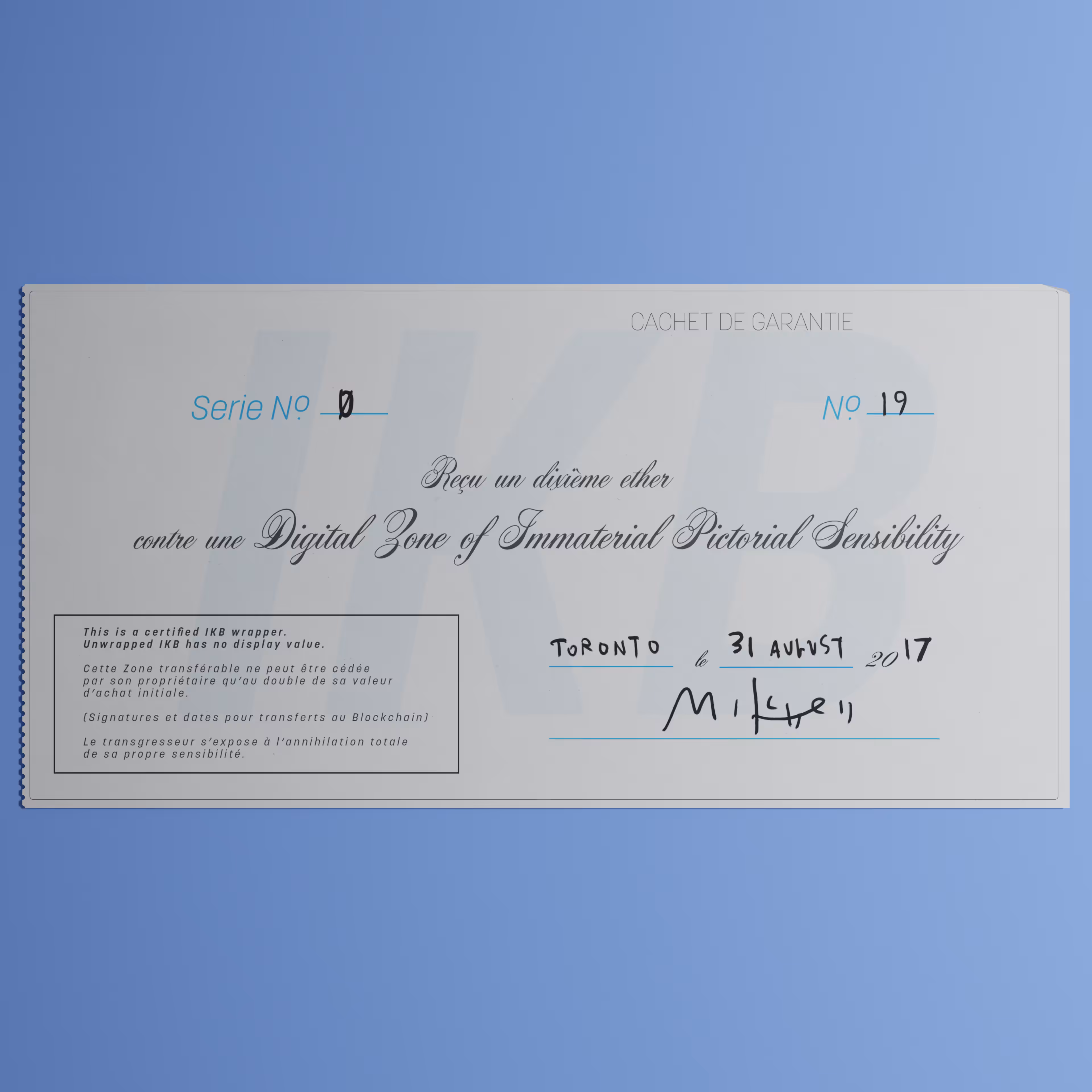 Digital Zone of Immaterial Pictorial Sensibility, Series 0, Edition 19. (Wrapped)