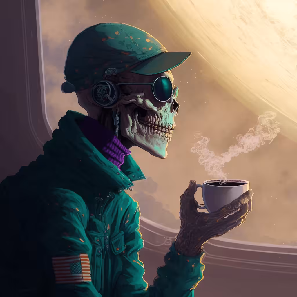 Astronaut Mr. Billy drinks coffee