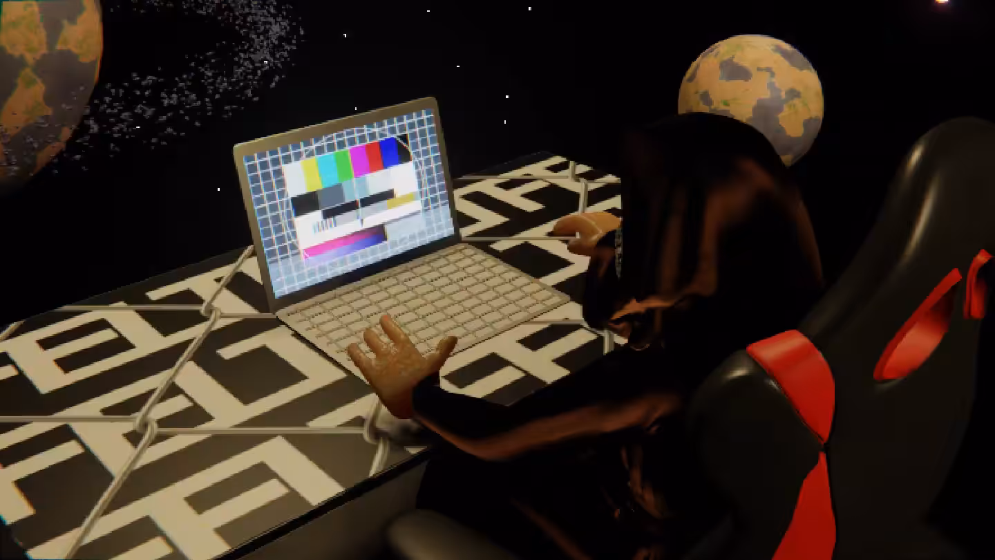 Desktop by Felt Zine: Desktop #300: The Guru in the Gaming Chair With a Hanging Light and a Please Stand By Monitor on a Barbed Wire Table in Space