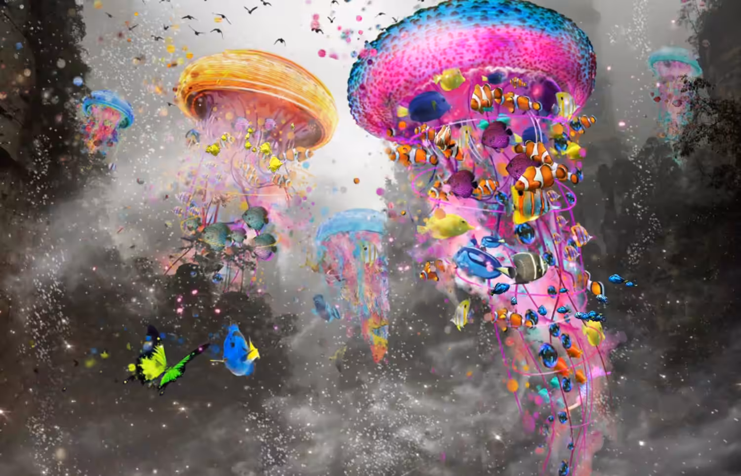 Electric Jellyfish in a Misty Mountain Valley (with motion)