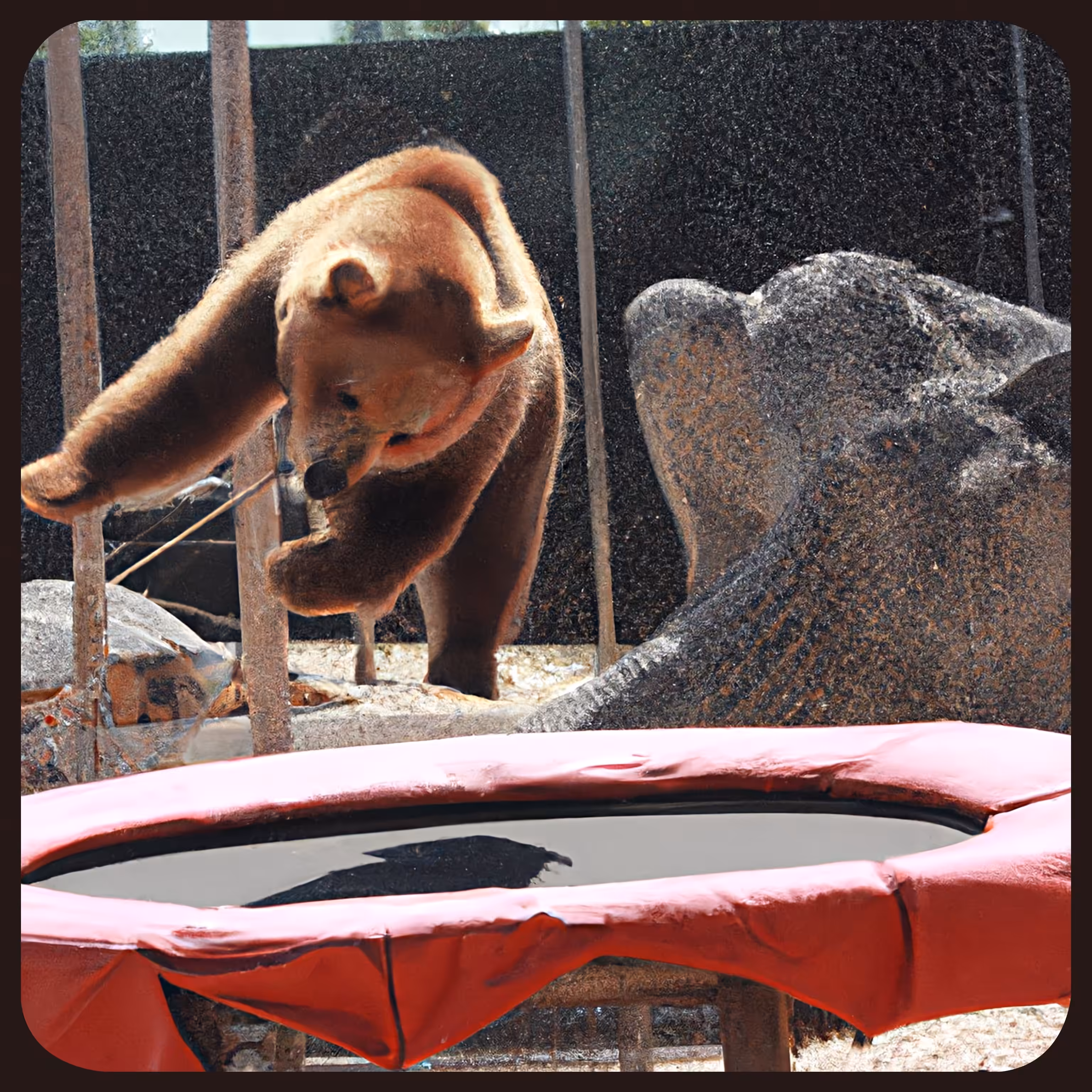 Bear jumping over a trampoline 
