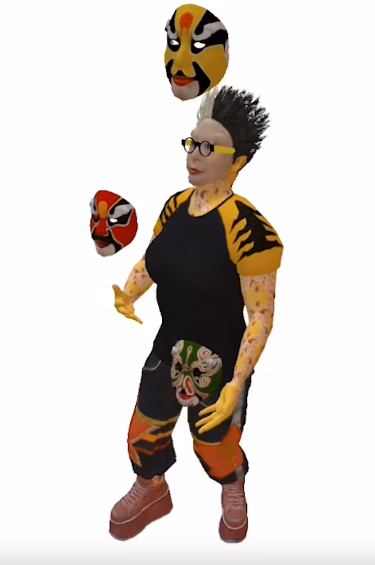 ORLAN's avatar juggling with the masks of the Beijing opera