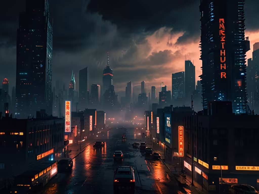 A dystopian city under a stormy sky