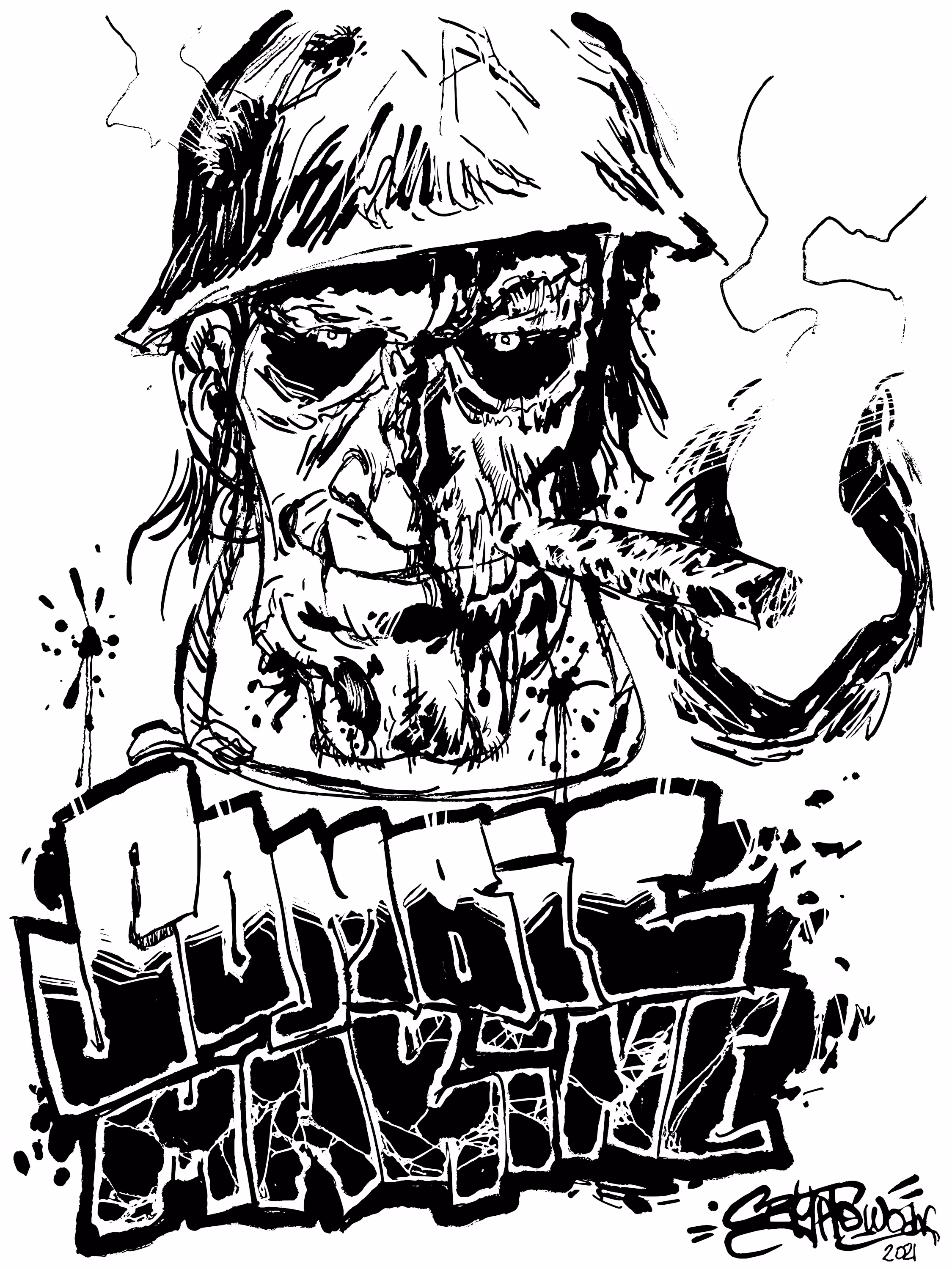Zombie Marine B&W graffiti sketch