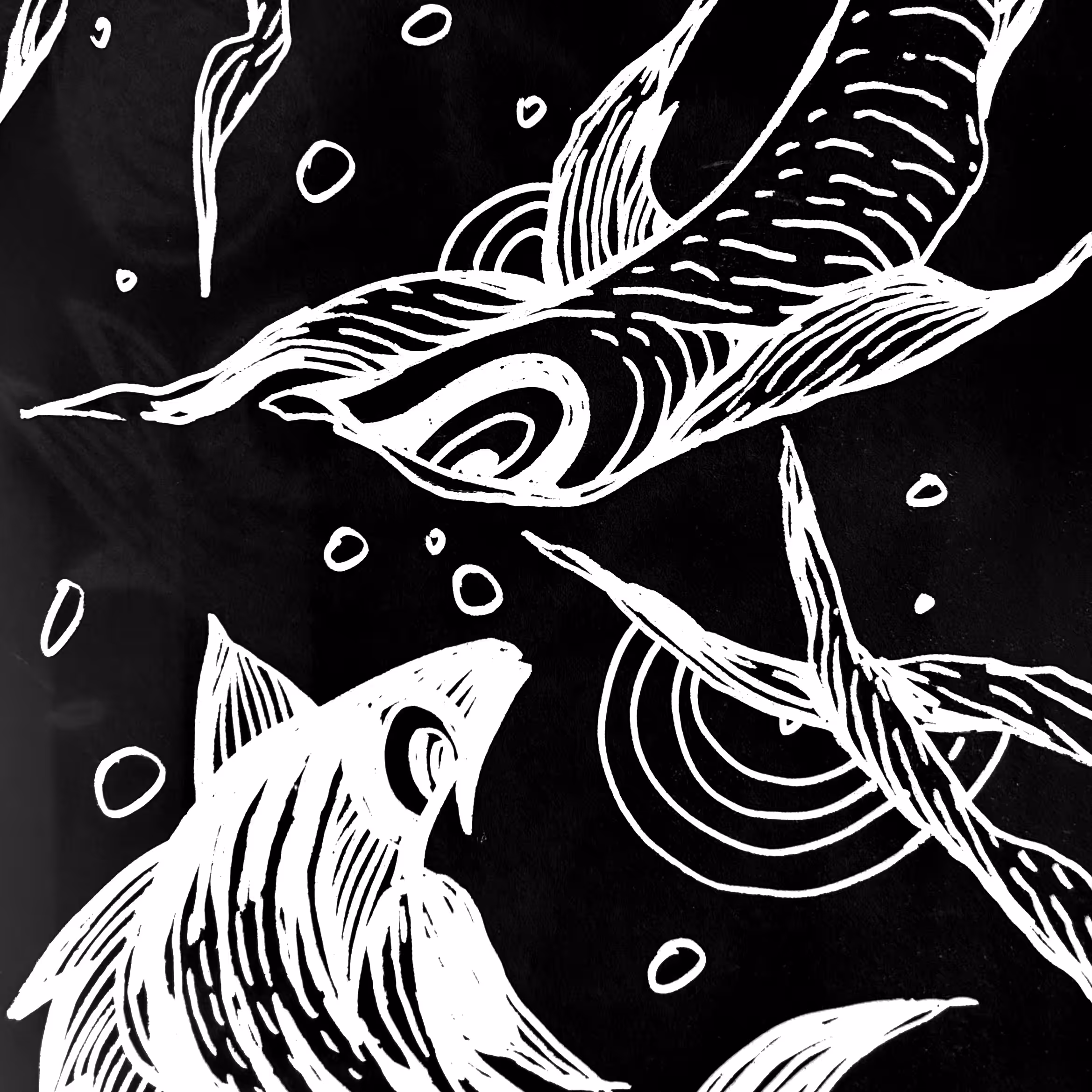 Cyber Abstract: A monochrome composition of drifting fish forms suspended in a silent, endless current.