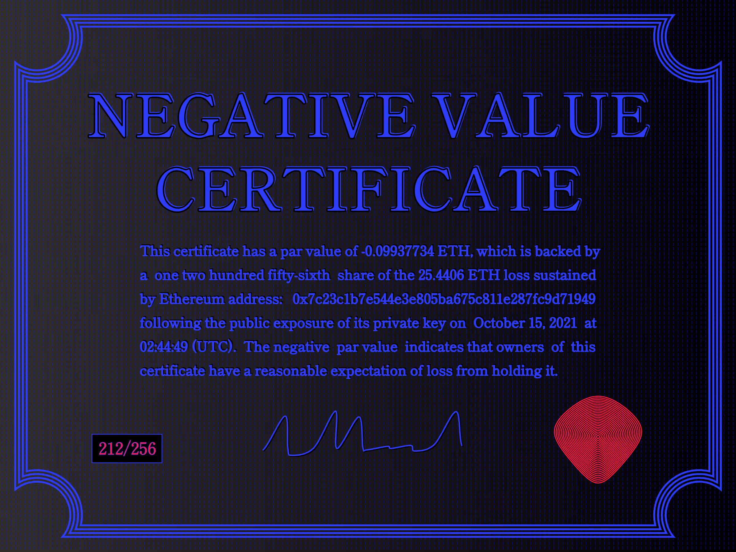 Negative Value Certificate #212 of 256