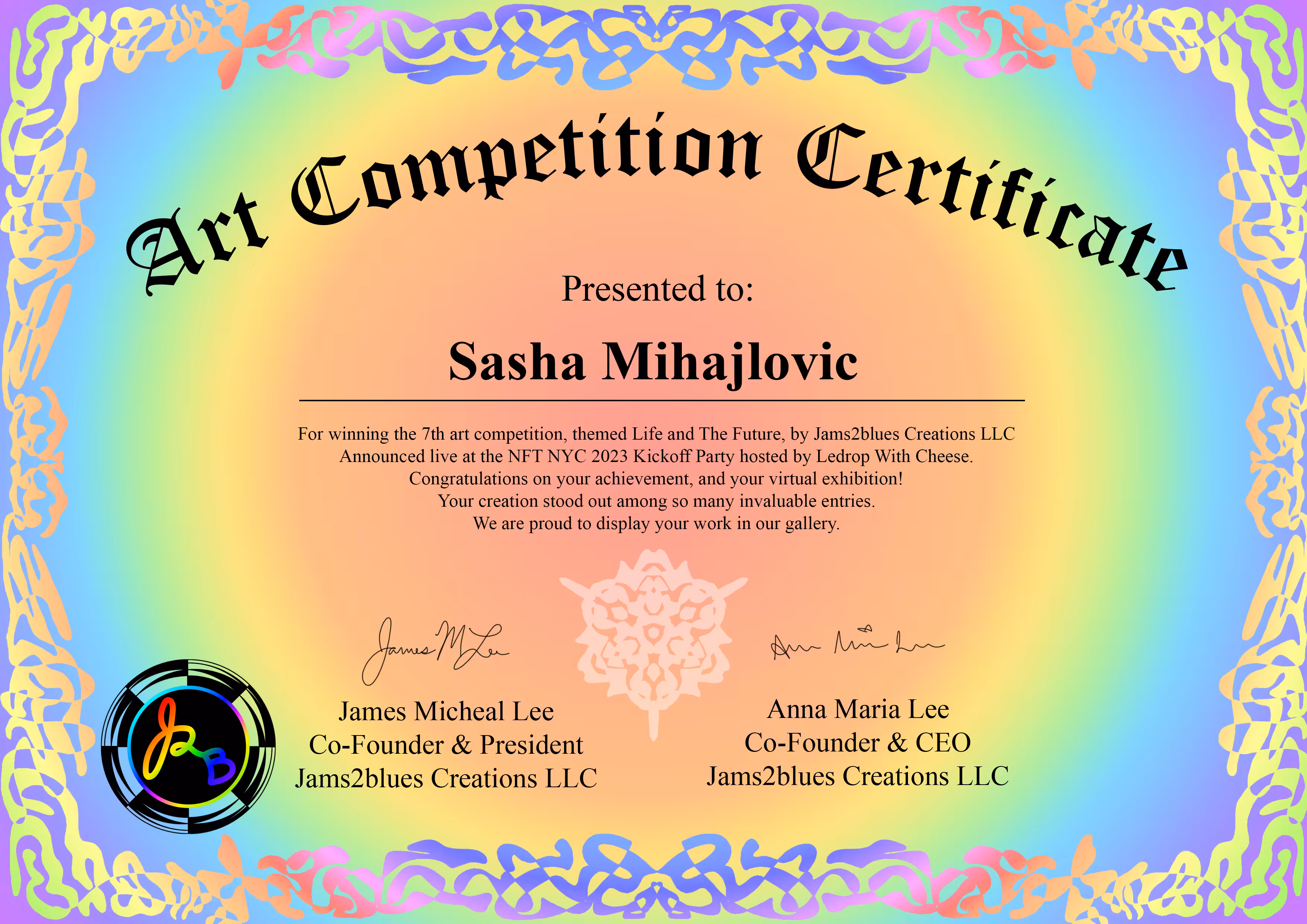 7th #j2bartcompetition winner Sasha Mihajlovic Certificate of Achievement