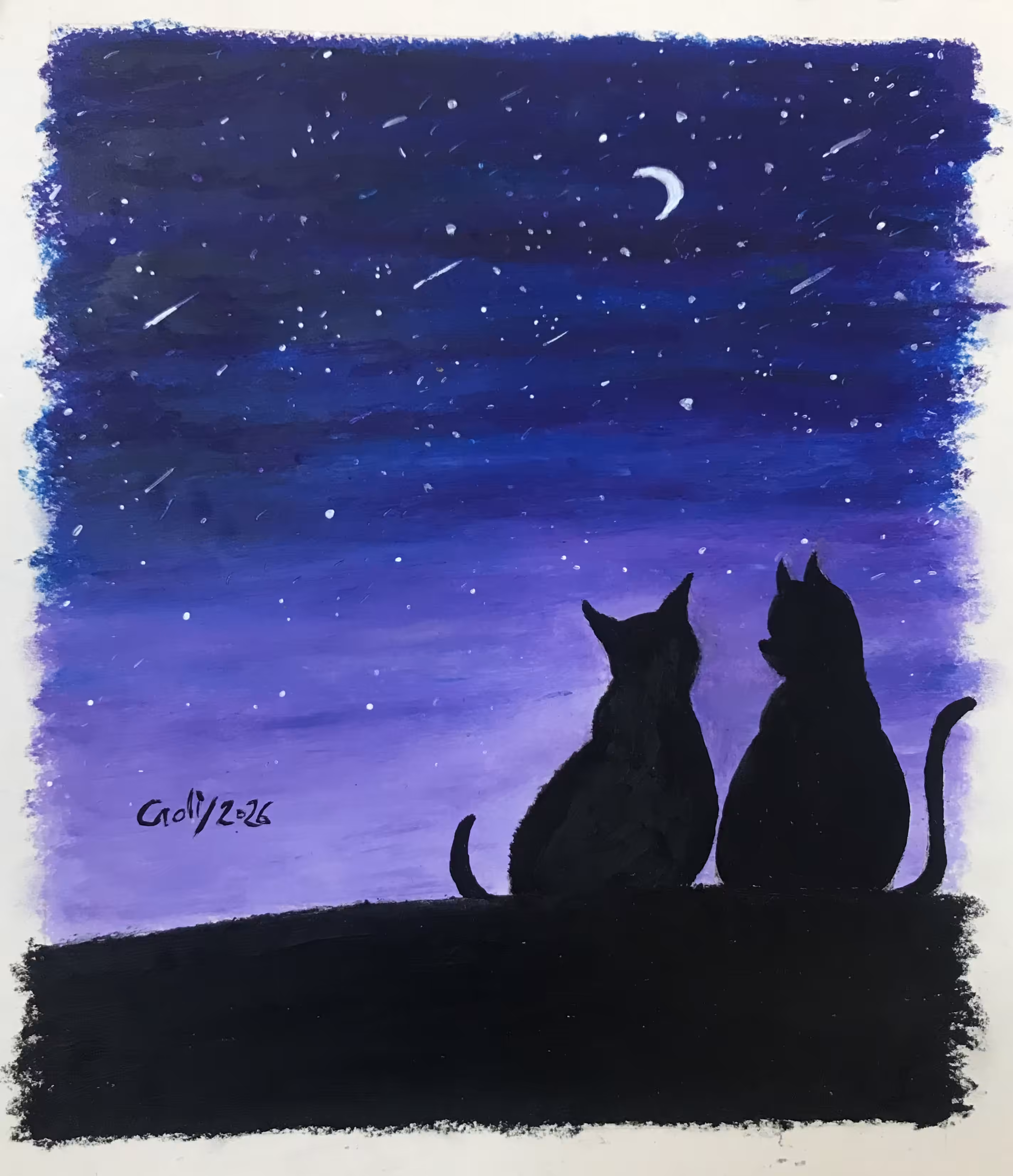 Physical painting with oil pastel : Two hearts, one moonlit sky 🌙✨