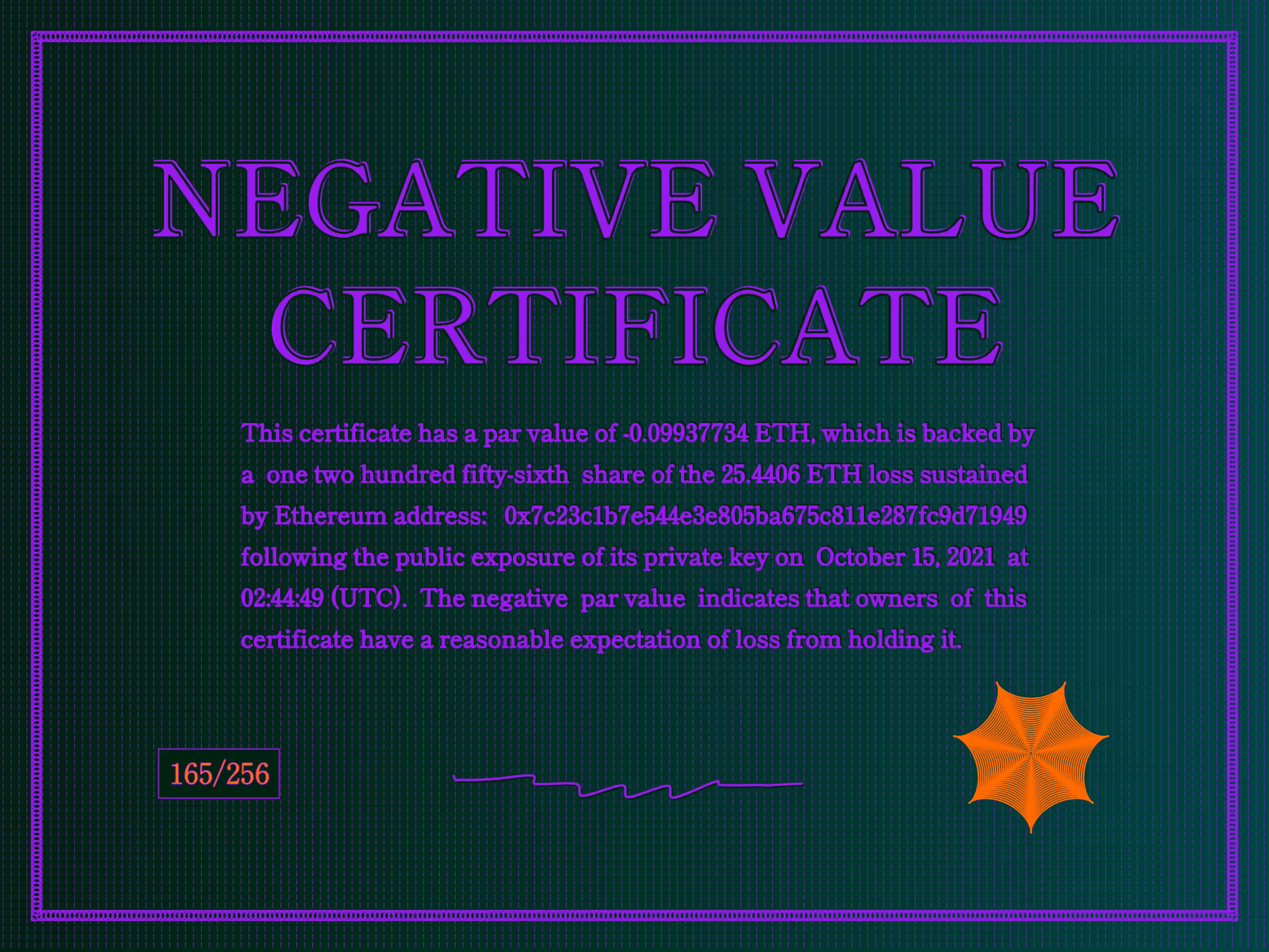 Negative Value Certificate #165 of 256