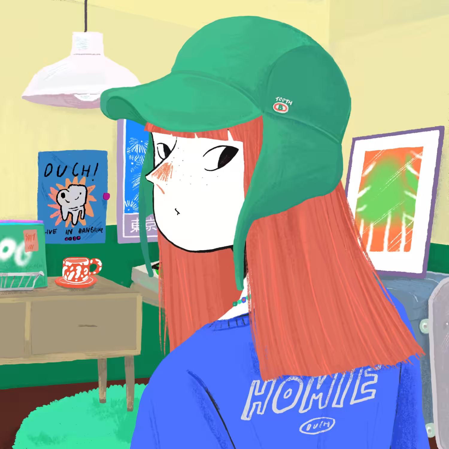 She is in the living room, Wearing her favorite flap cap - ichi
