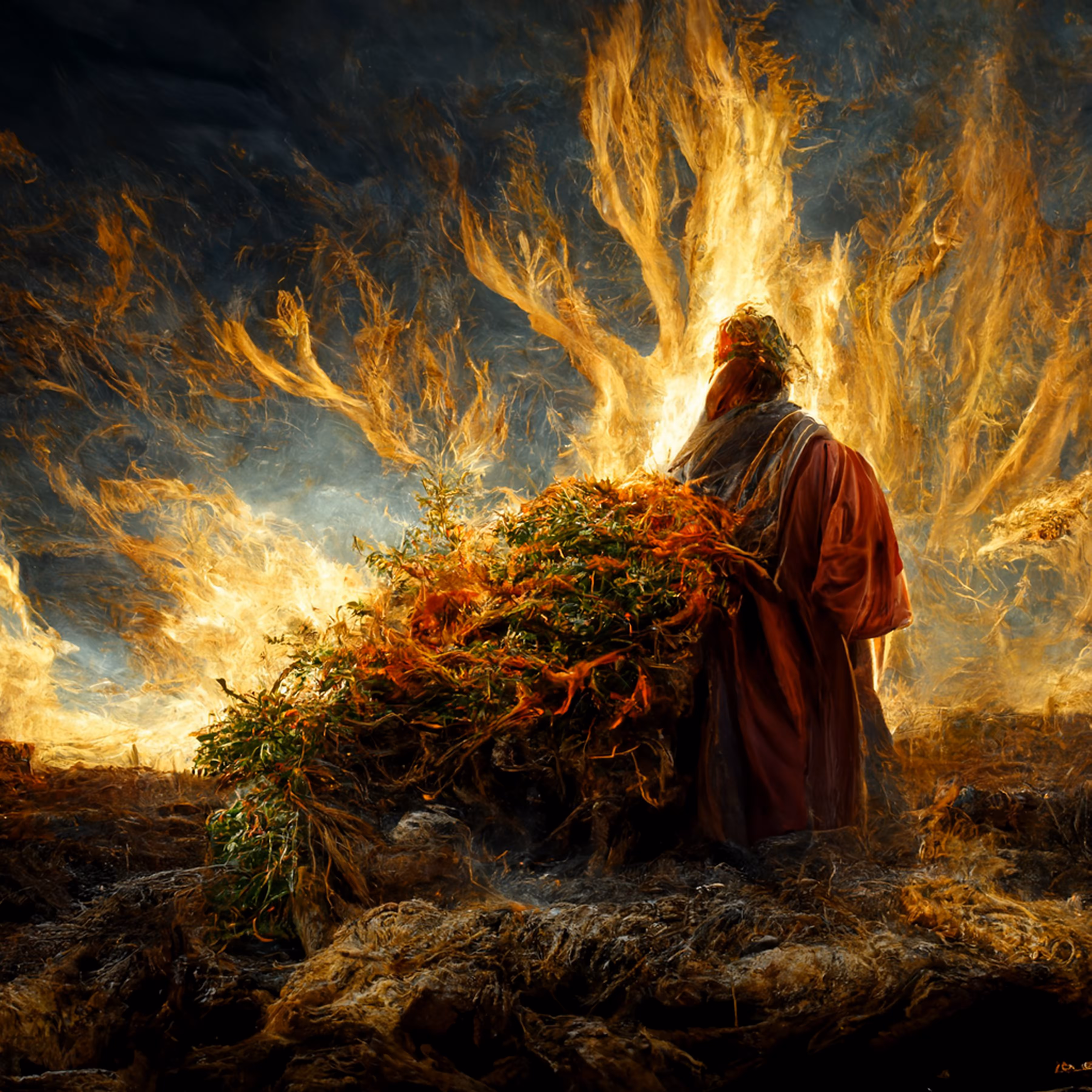 Moses and Burning Bush of God Bible Art by Sollog.