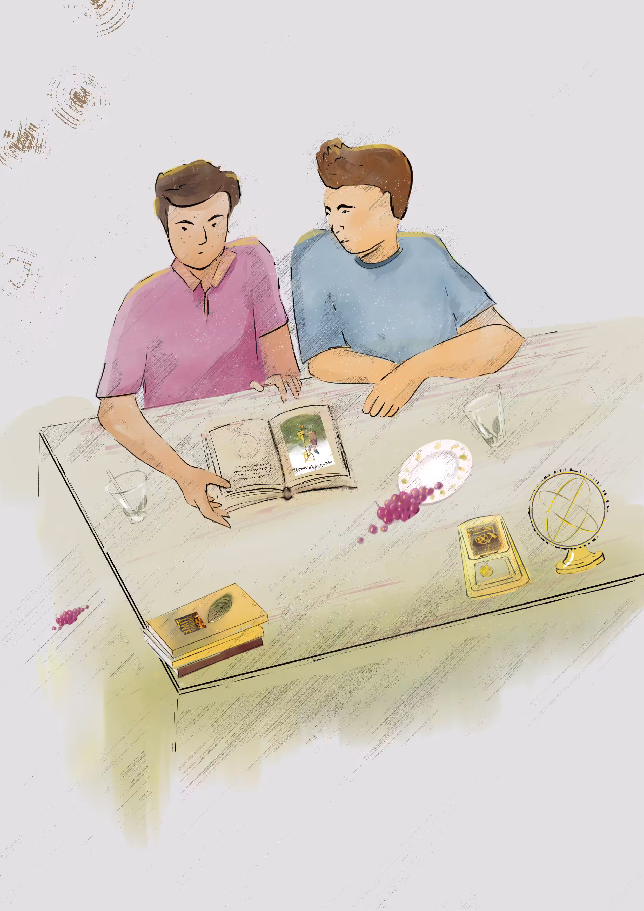 The boy and his friend study the old astronomy book.