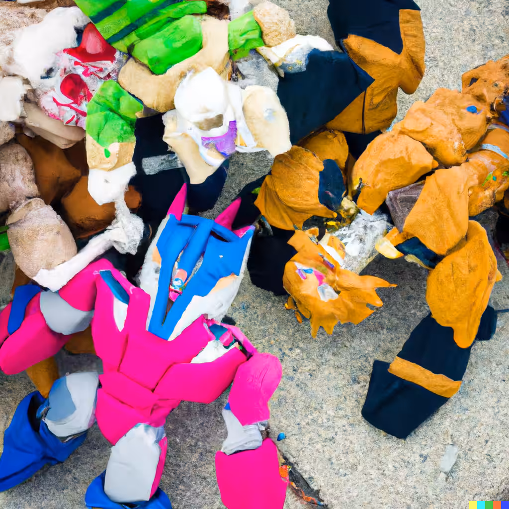 004 -Masters of the Universe, Transformers and G.I. Joe having a food fight in public, as plushies.