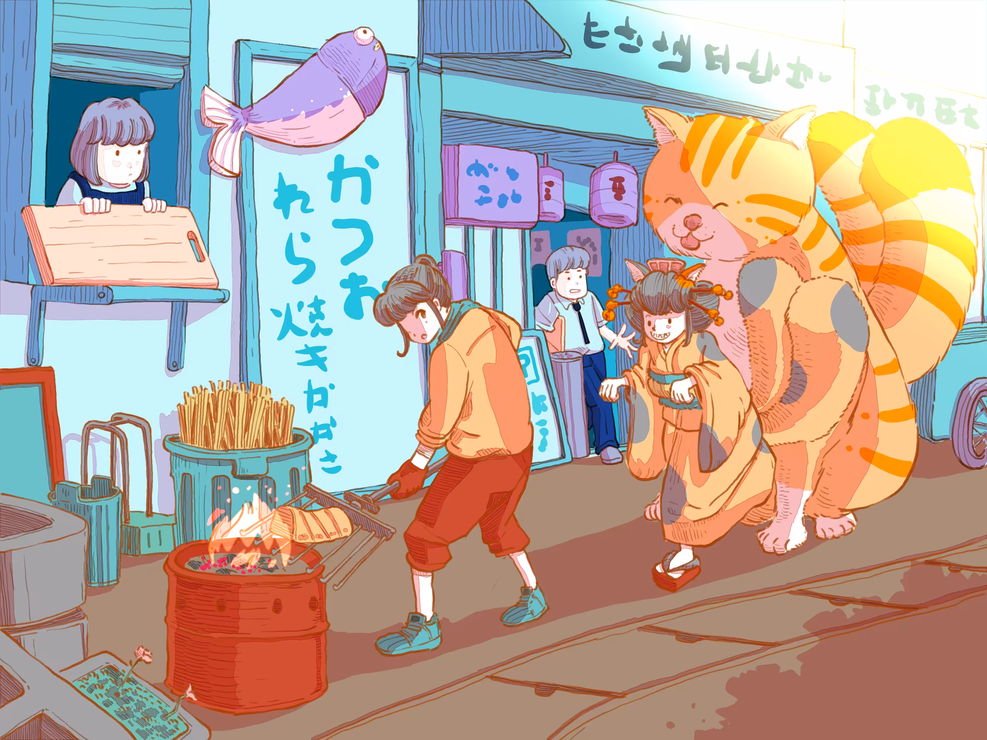 WHEN I WENT TO JAPAN, I FOUND TWO NEKOMATA TRIRD TO GRAB GRILLED KATSUO,