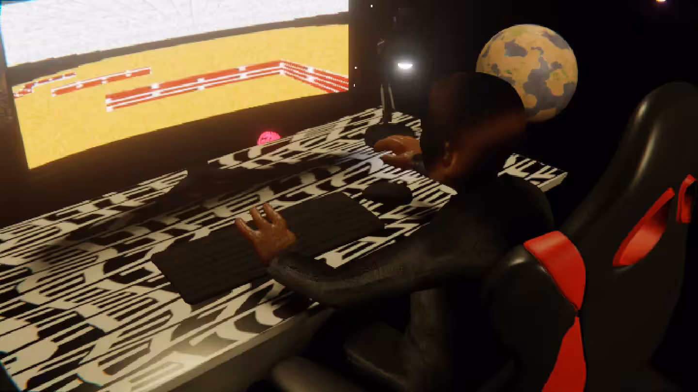 Desktop by Felt Zine: Desktop #213: The Business in the Gaming Chair With a Desk Lamp and a Maze Monitor on a Pattern Table in Space