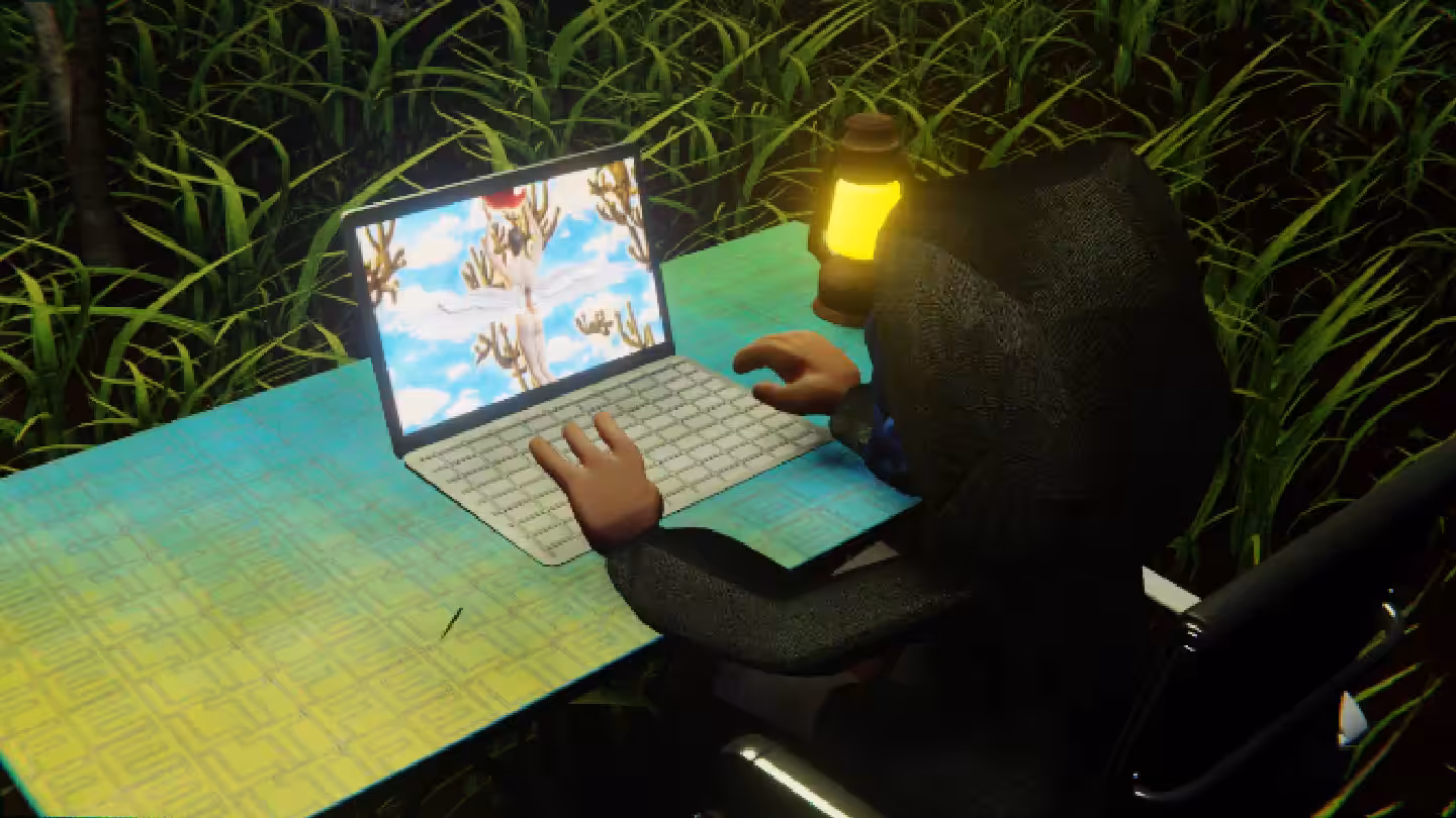 Desktop by Felt Zine: Desktop #331: The Hacker in the Black Slim Chair With a Gas Lamp and a Gardens Monitor on a Green FELT Zine Table in The Forest