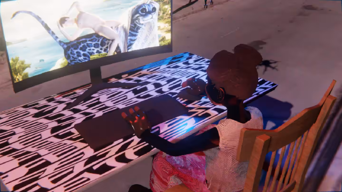 Desktop #142: The Military Brat in the French Wood Chair With a Drone and a Kitty Monitor on a Pattern Table in Conflict