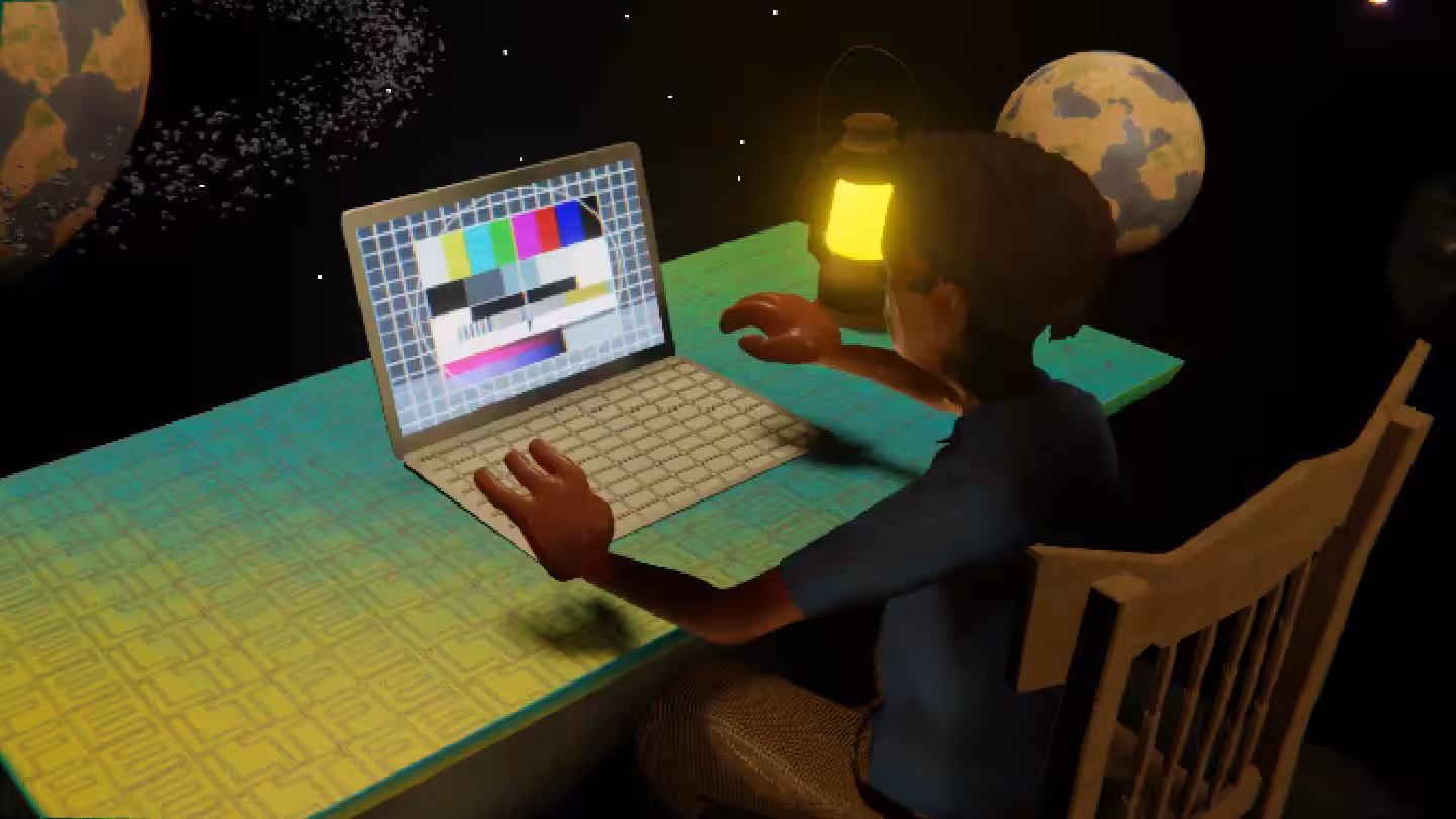 Desktop #260: The Developer in the French Wood Chair With a Gas Lamp and a Please Stand By Monitor on a Green FELT Zine Table in Space