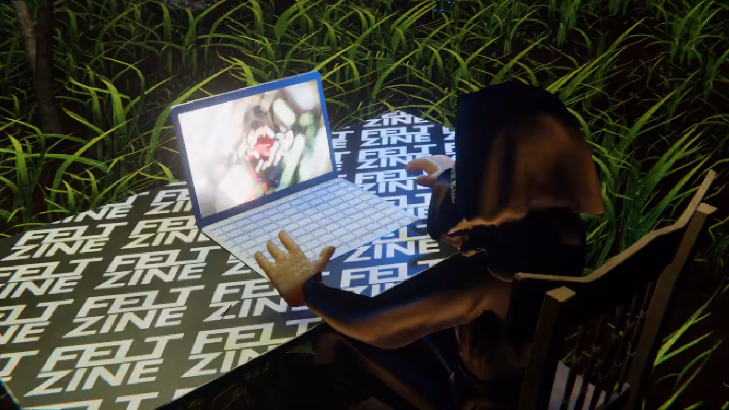 Desktop #87: The Guru in the French Wood Chair With a Drone and a Algo Lite Macbook on a Felt Zine Table in The Forest