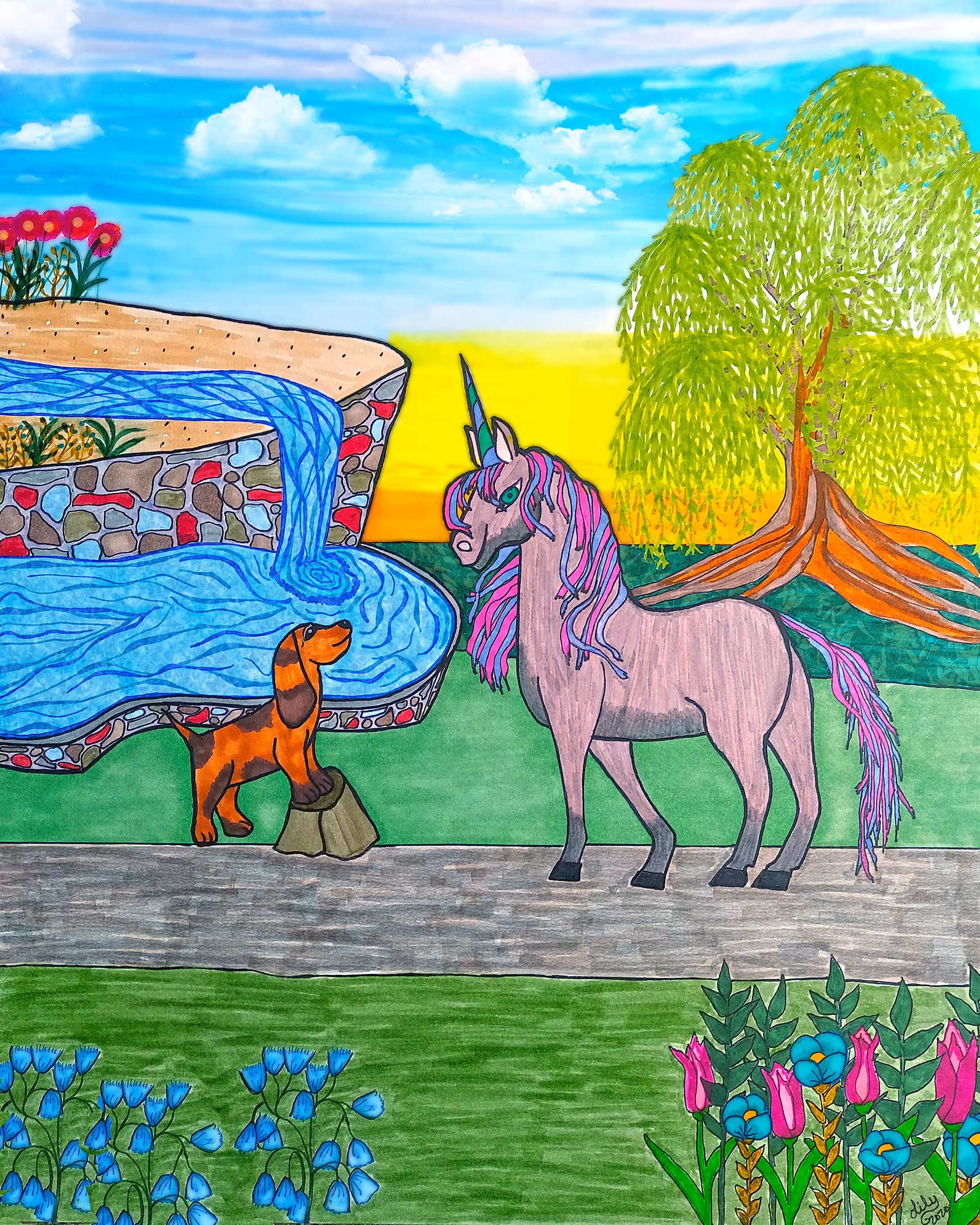 A Dog and a Unicorn Meet on the Road