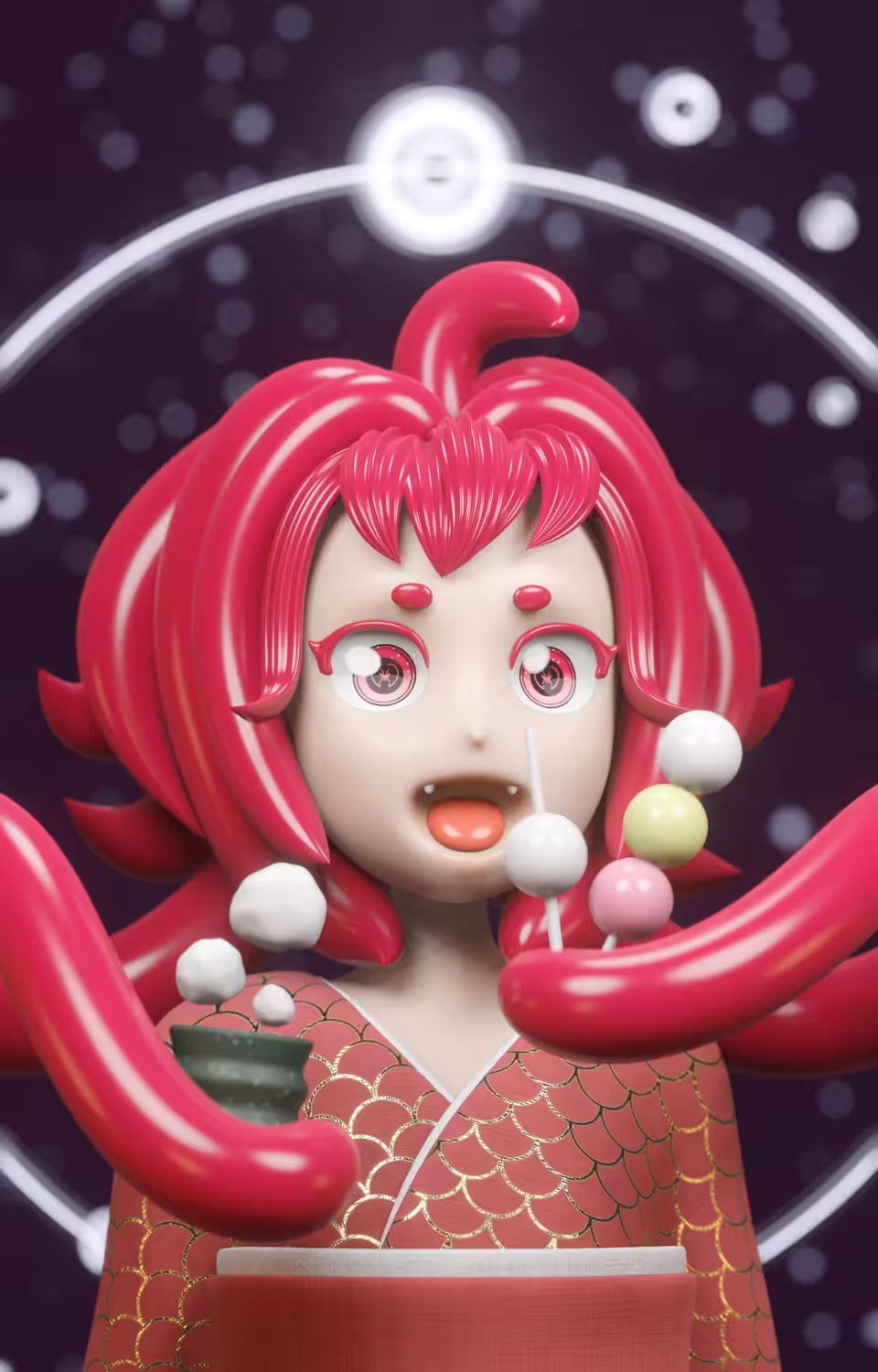 Tentacle Head Chan with Her Dessert and Tea