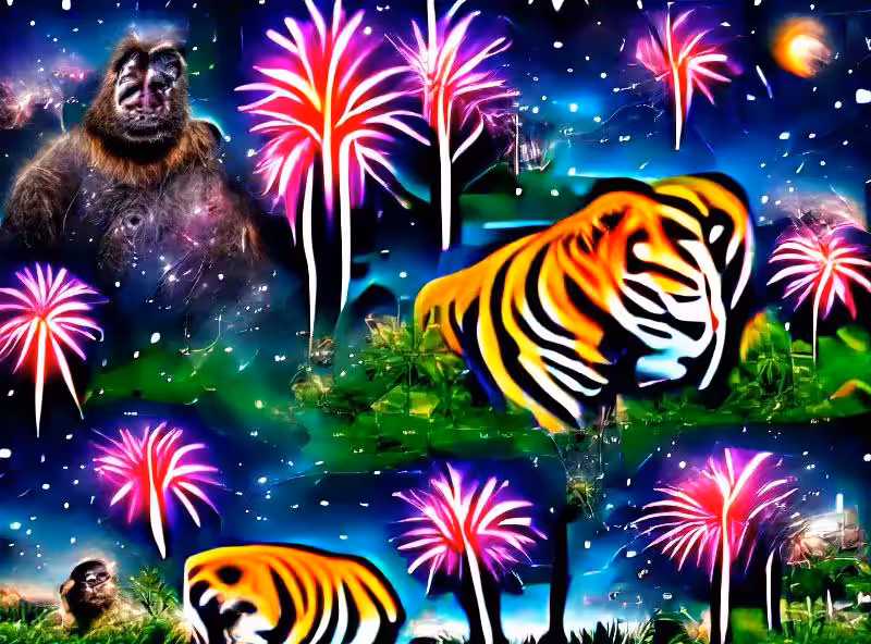 Abraham's First Works: The stars in the universe, colorful fireworks in the sky above trees, and a lake where tigers, and gorillas covered in flowers are bathingn