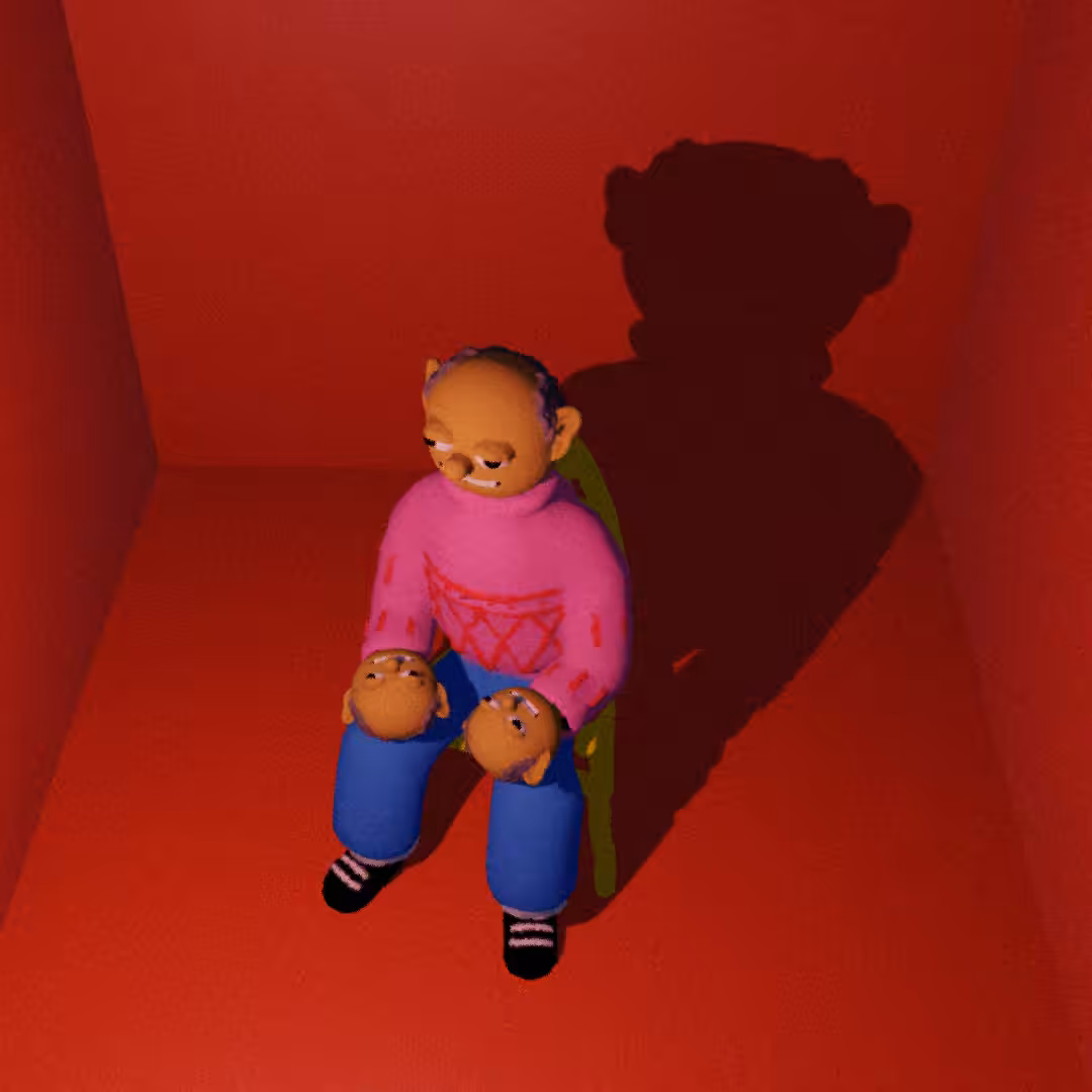 Man in a room confronting his own aging