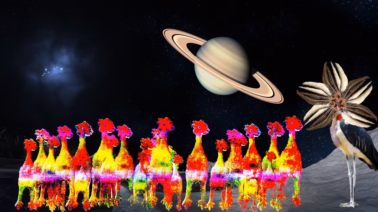 A strange marabou stork visits strange rubber chickens on Uranus
