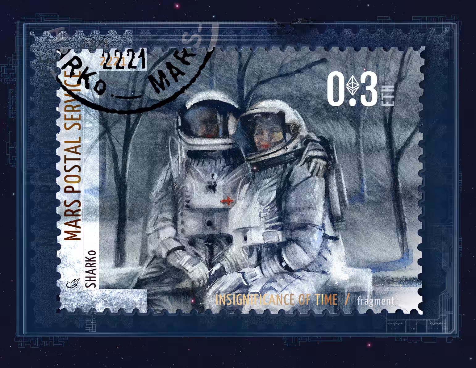 martian postage stamp "INSIGNIFICANCE OF TIME" 2221 year of publication