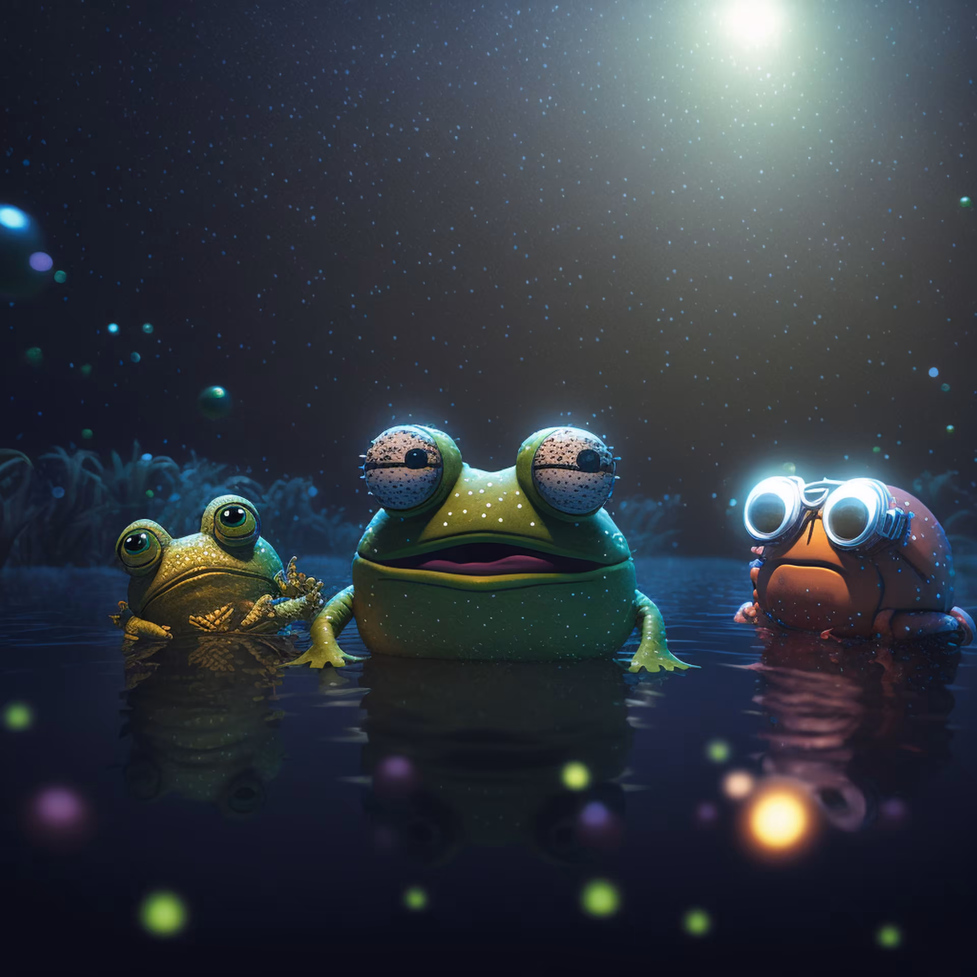 Pepe's World: Pepe having some fun swimmming under the moonlight