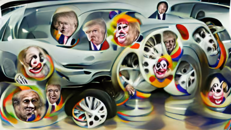 Donald Trump's clown car wheels all come off (pixray_genesis)
