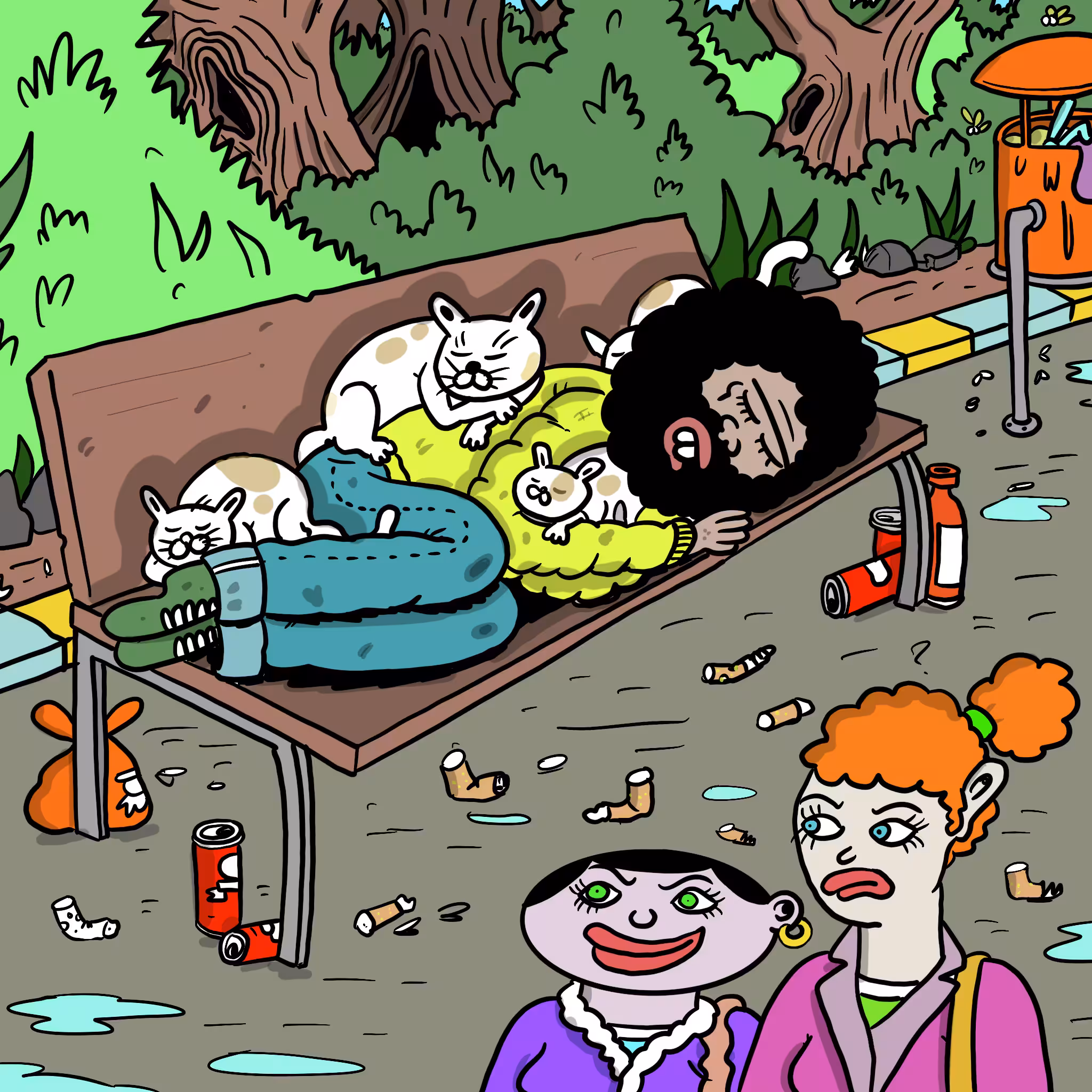 On Bench With Cats