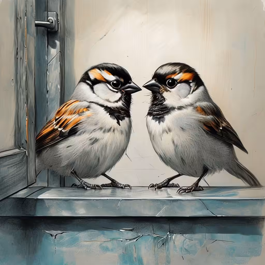 Hand-Drawn Black-And-White Illustration Of Two Birds On Ledge