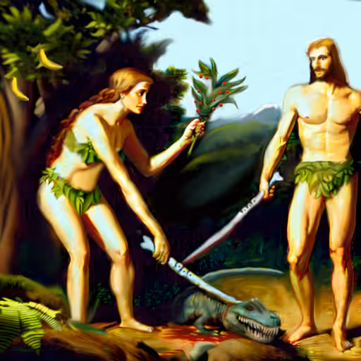 Adam and Eve Hunting the Last T-Rex