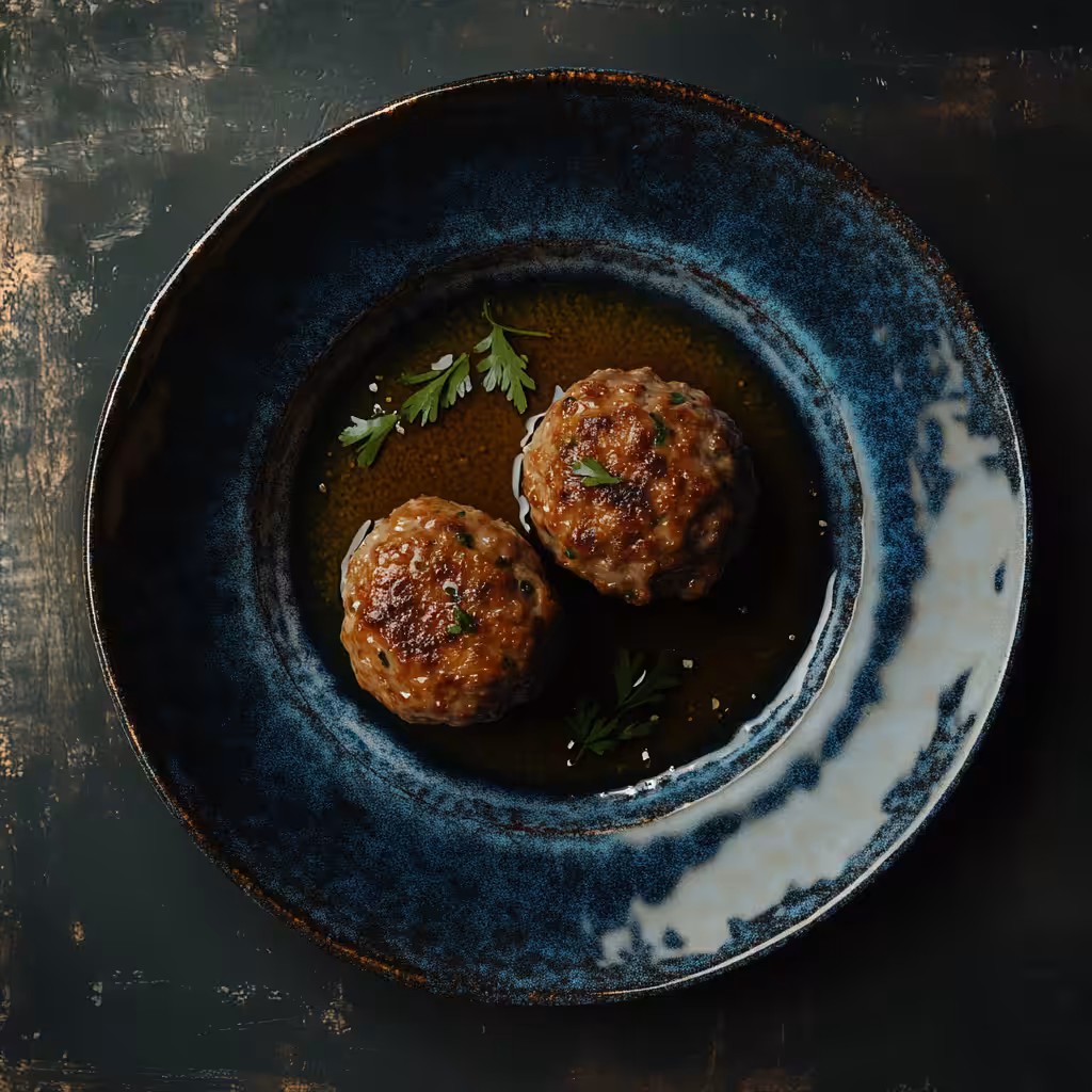 Artisanal Meatballs on a Deep Blue Plate 